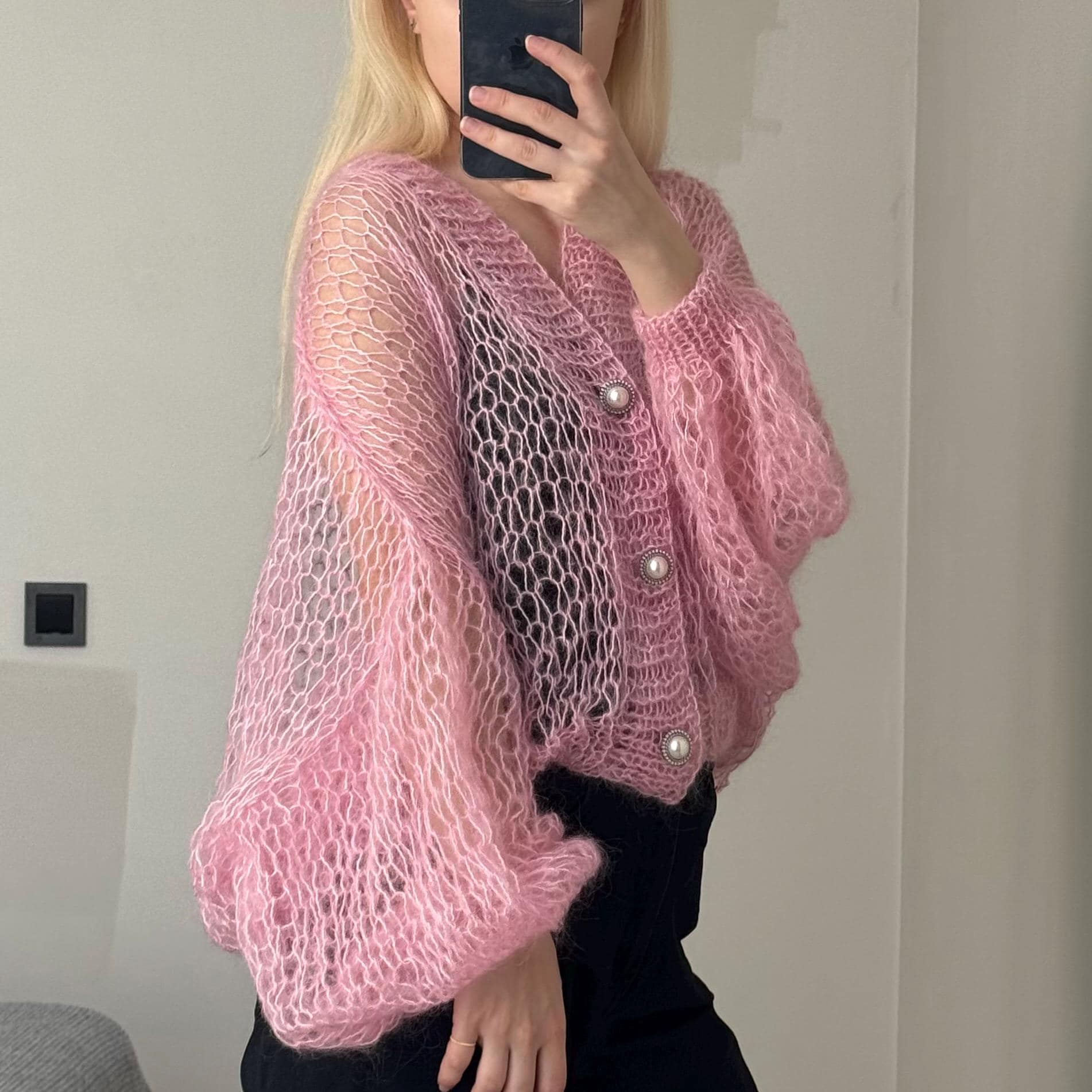 Pink Mohair Cardigan With Buttons • Hand Knit Loose Knit Cardigan