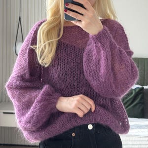 knitted handmade luxurious wool mohair violet purpure violaceous soft comfortable cosy sweater jumper gift for her mom wife shug