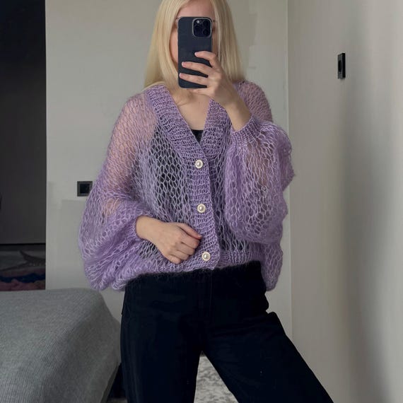 Soft Cozy Lavender Mohair Cardigan Hand Knit Loose Oversized Lilac