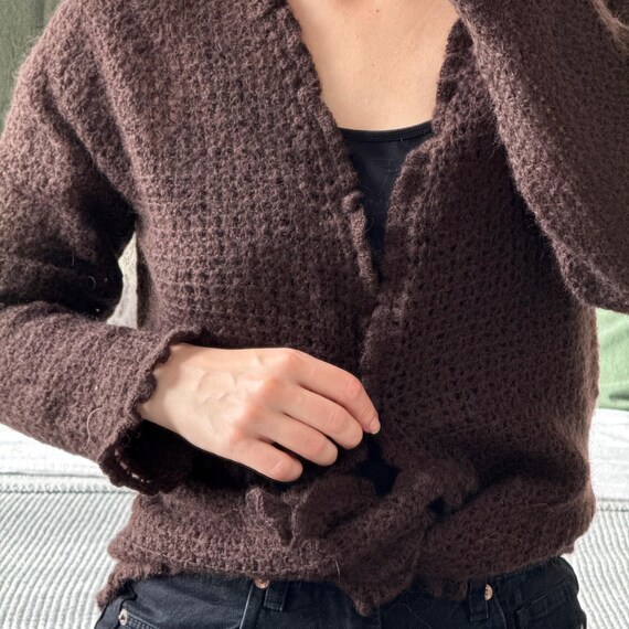 Handmade Chocolate Brown Crochet Knit Wool Cardigan – Warm Tie