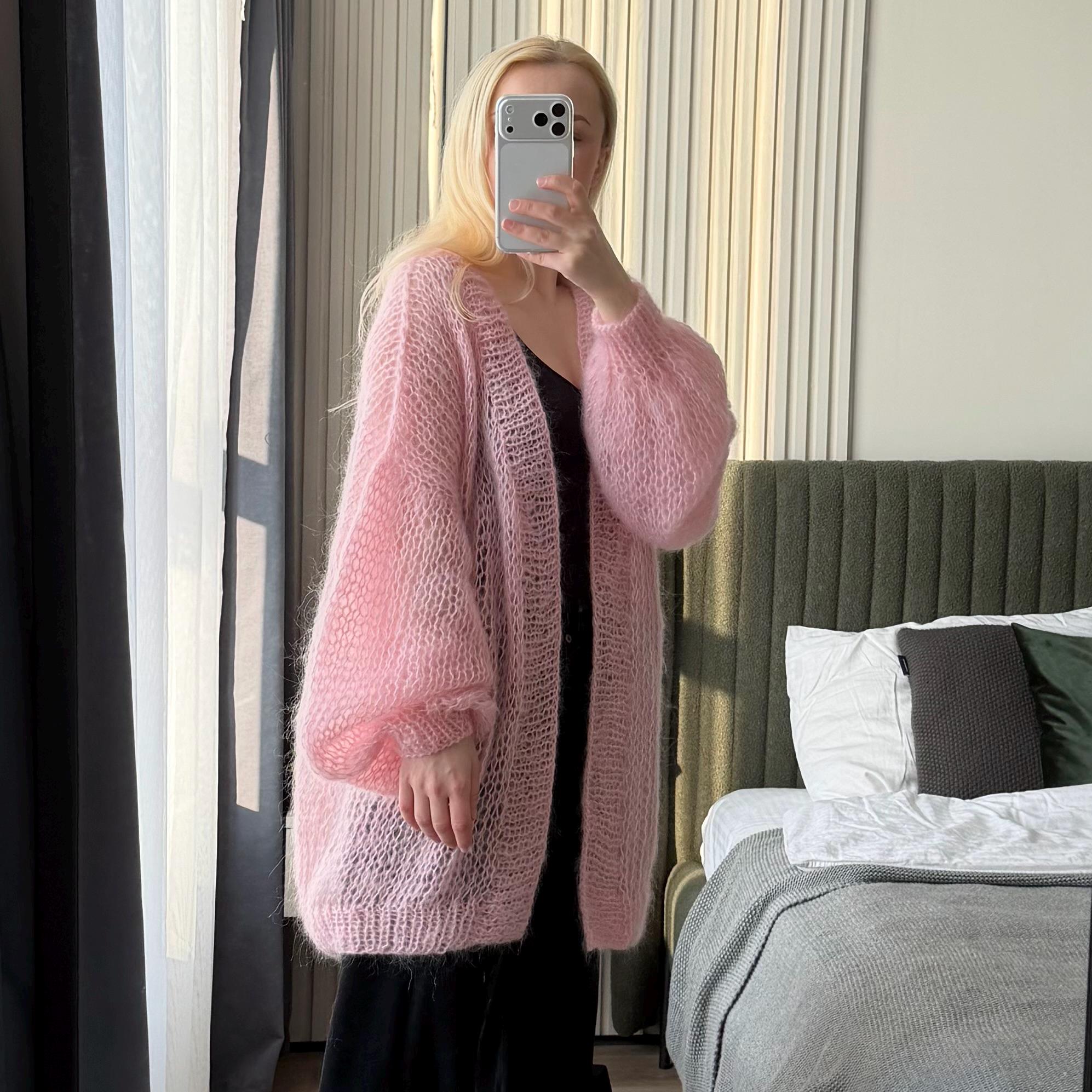 Long Pink Mohair Hand Knitted Cardigan | Oversized Soft Knit