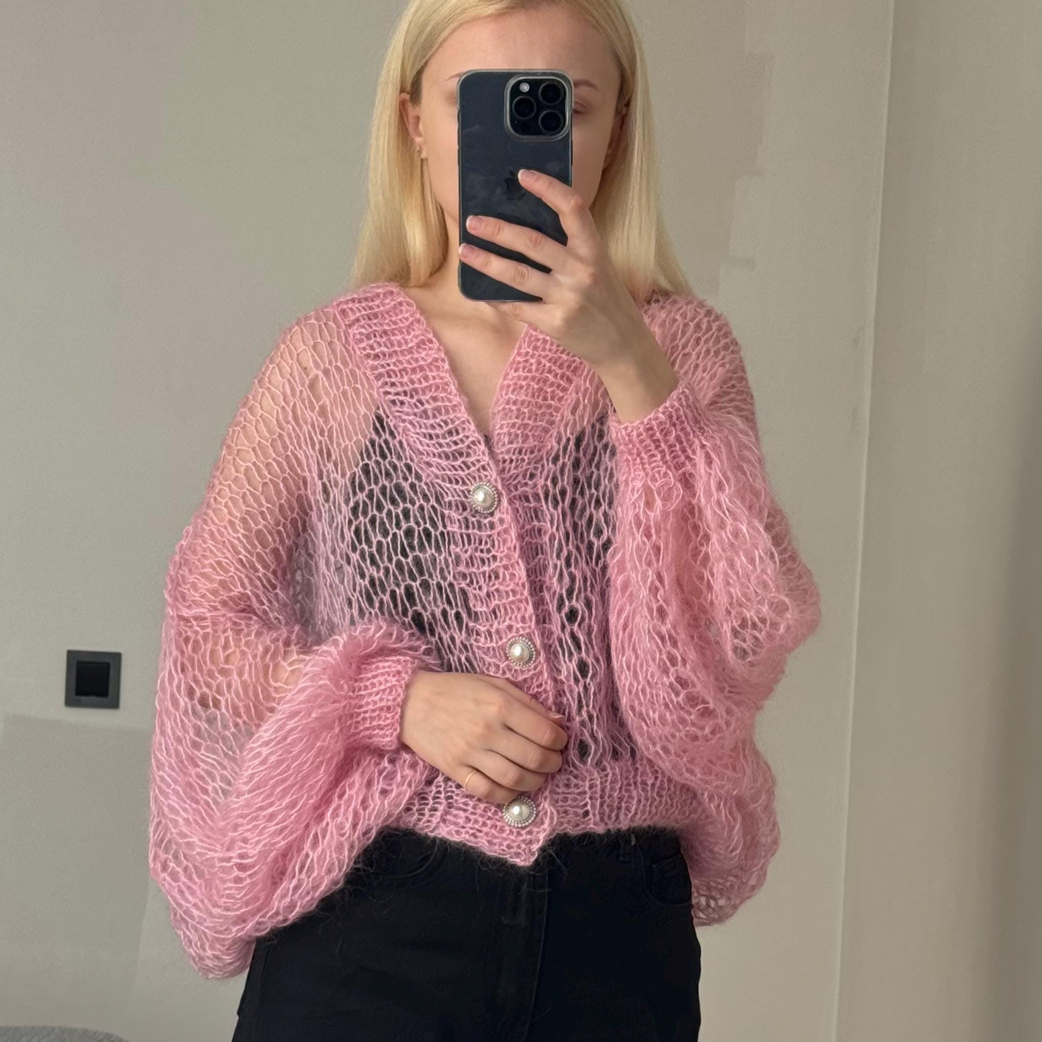 Pink Mohair Cardigan With Buttons • Hand Knit Loose Knit Cardigan