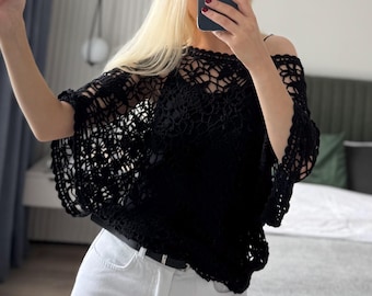 Gehaakte asymmetrische mesh zwarte opengewerkte lichtgewicht boho-truitrui