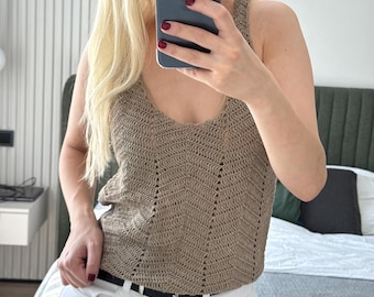 Crochet linen beige summer lace boho handmade festival top gift for mom her