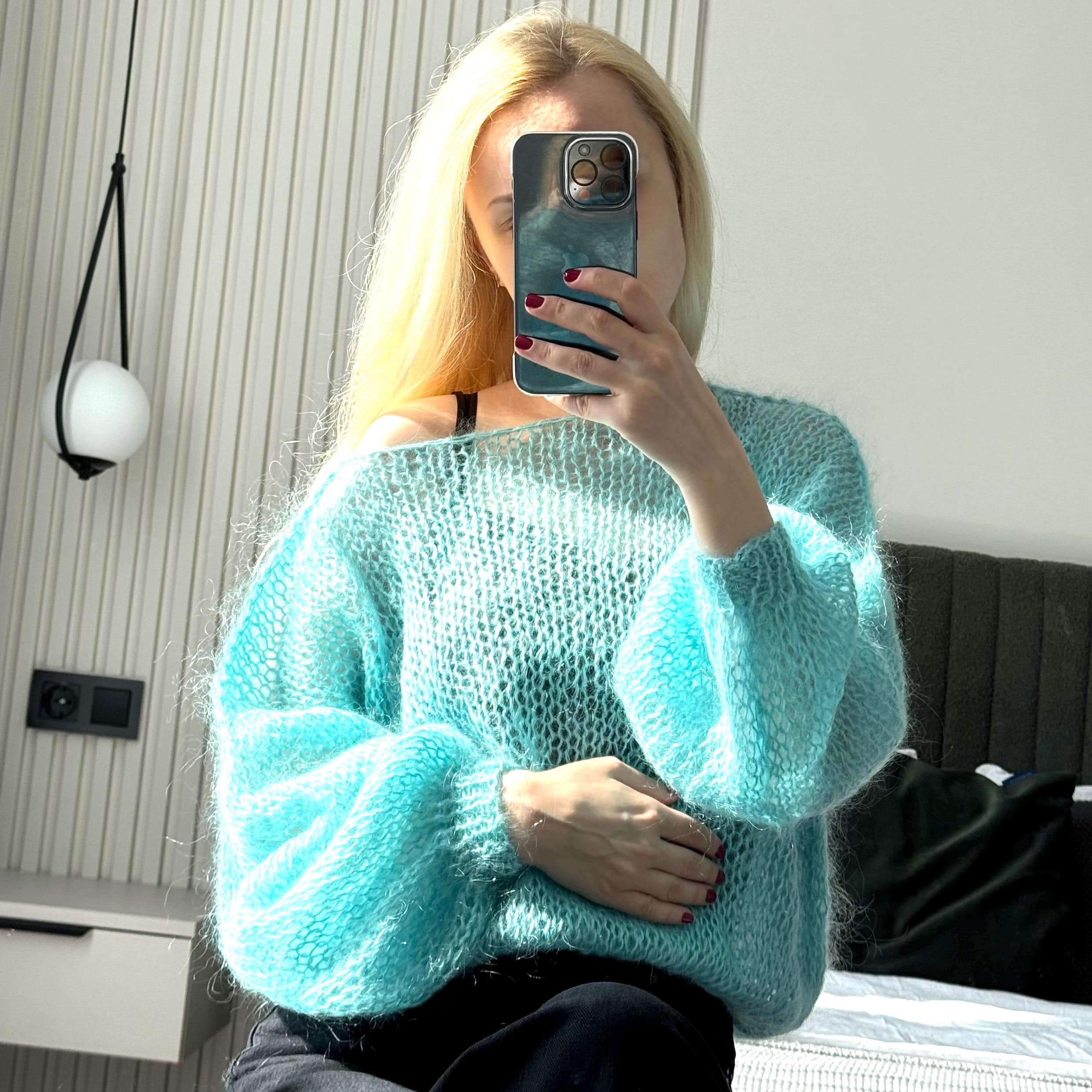 Ready to Ship Knitted Handmade Wool Mohair Turquoise Aquamarine
