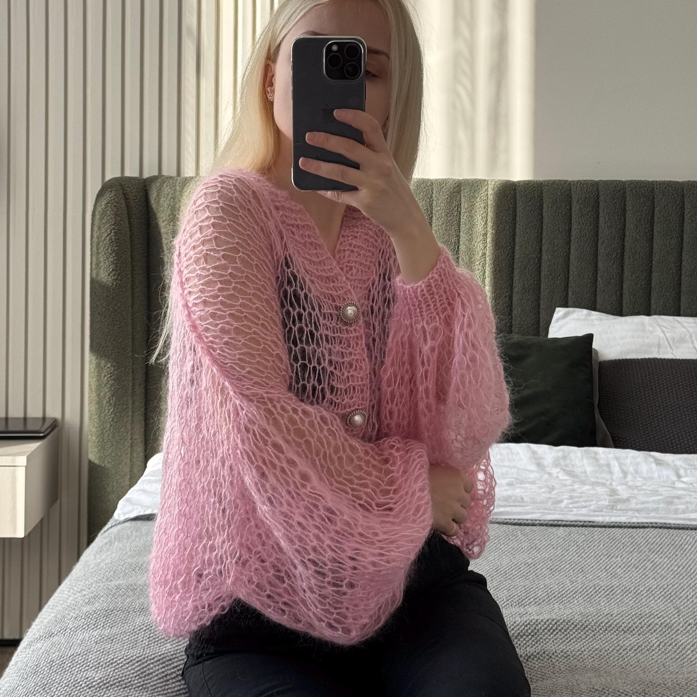 Pink Mohair Cardigan With Buttons • Hand Knit Loose Knit Cardigan