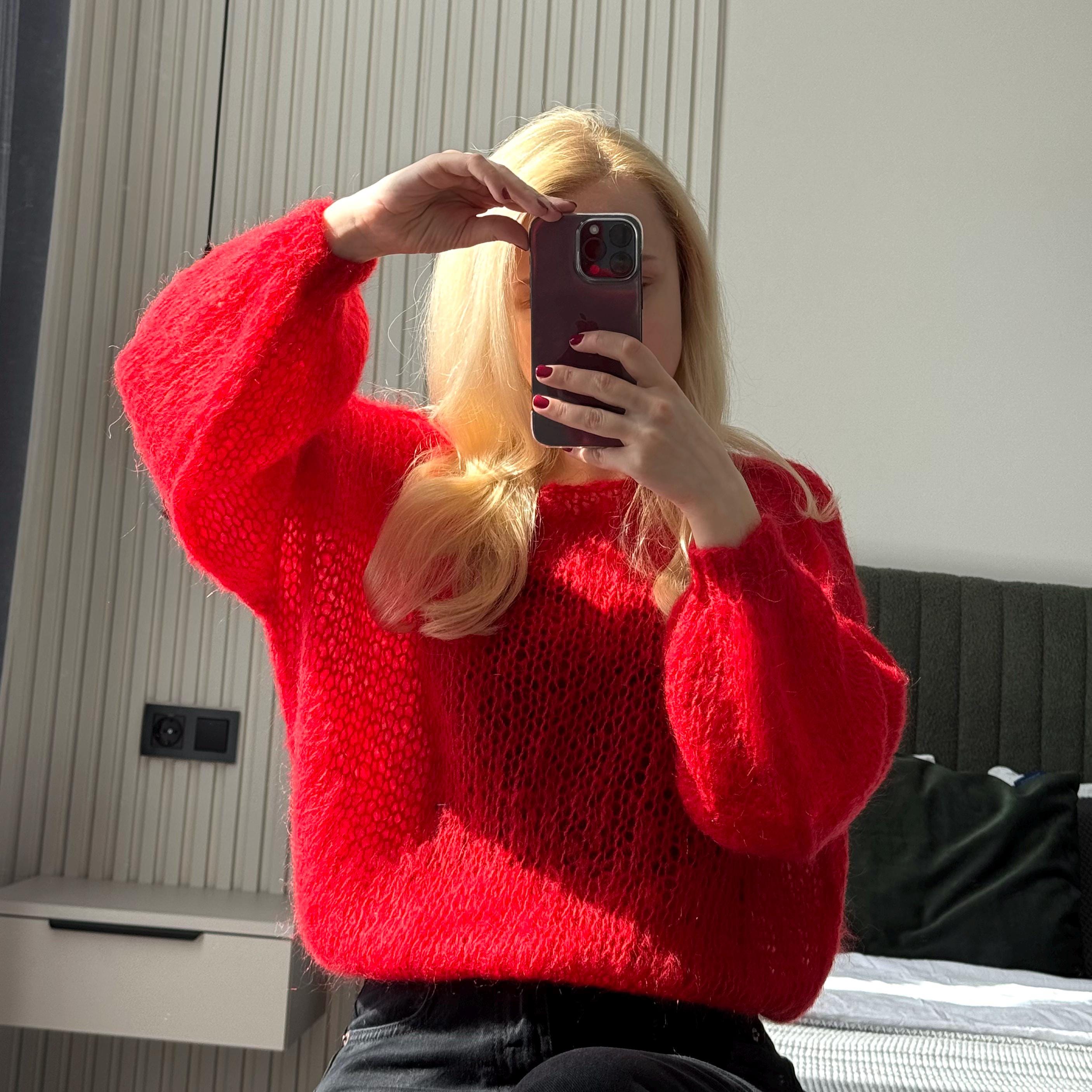 Knitted Handmade Luxurious Wool Mohair Red Bright Soft Comfortable