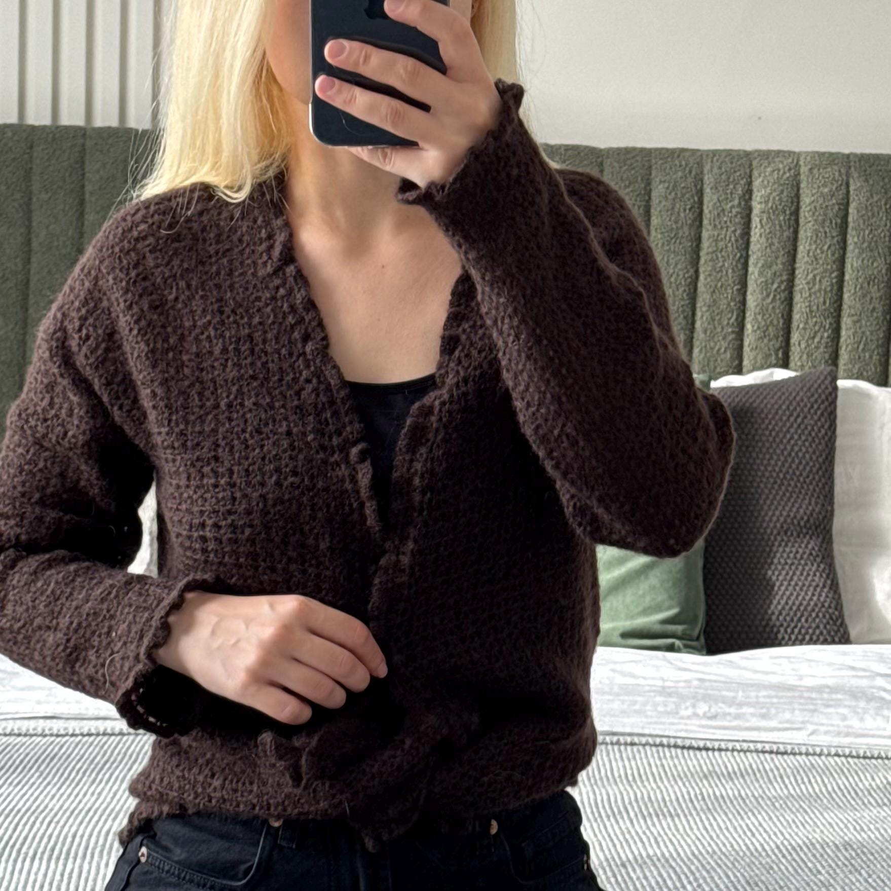 Handmade Chocolate Brown Crochet Knit Wool Cardigan – Warm Tie
