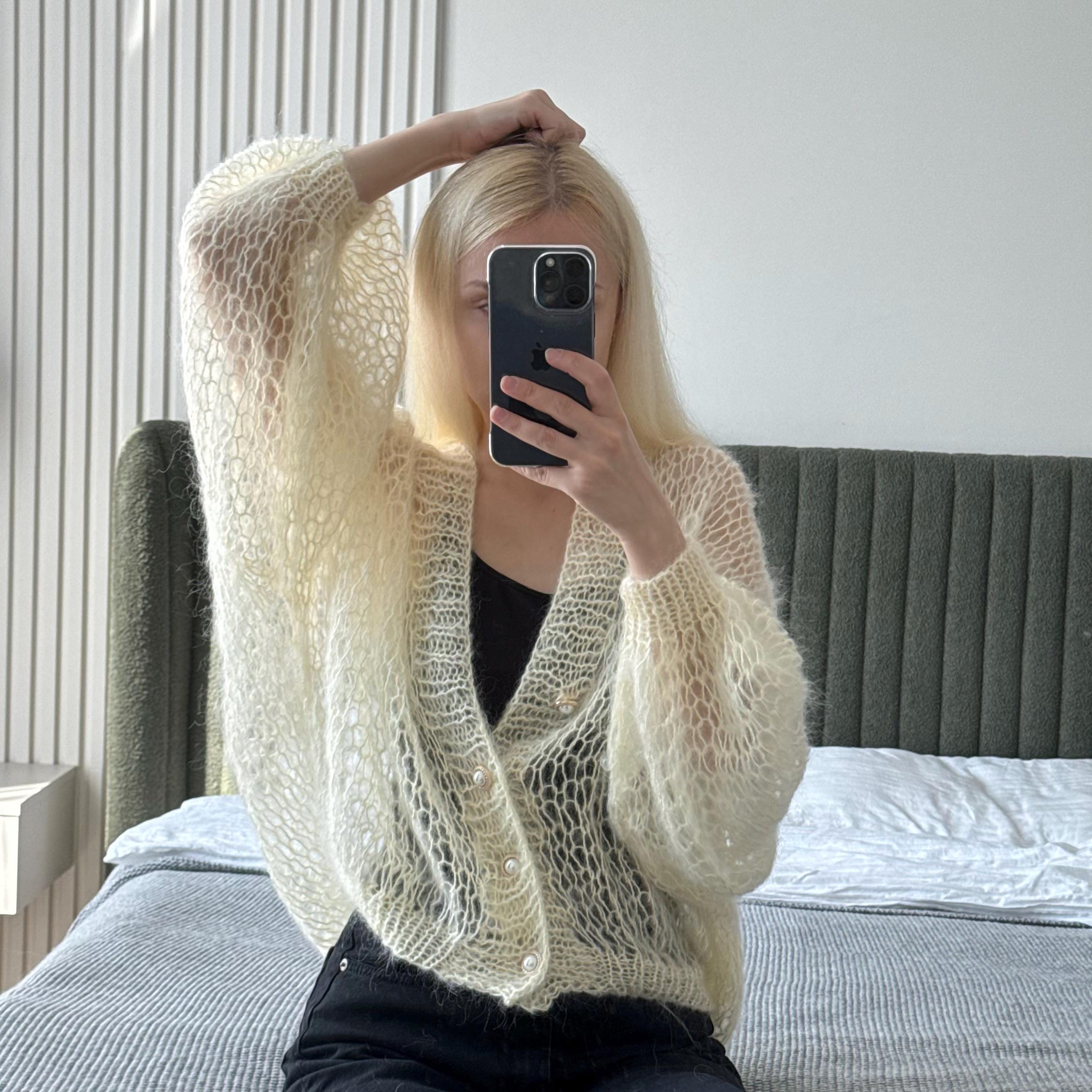 Handmade Mohair Oversize Ivory Cream Knit Cardigan – Lightweight