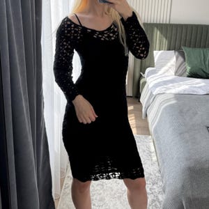 Black Crochet Lace Dress – Handmade Women’s Midi Fitted Dress, Elegant Evening or Casual Outfit, Size XS-S