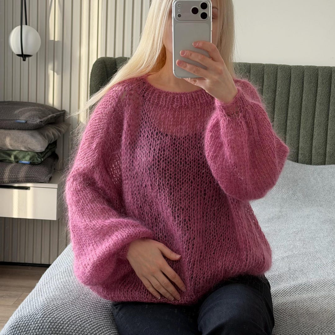 Dusty Rose Mohair Hand Knitted Sweater | Soft & Cozy Loose Knit