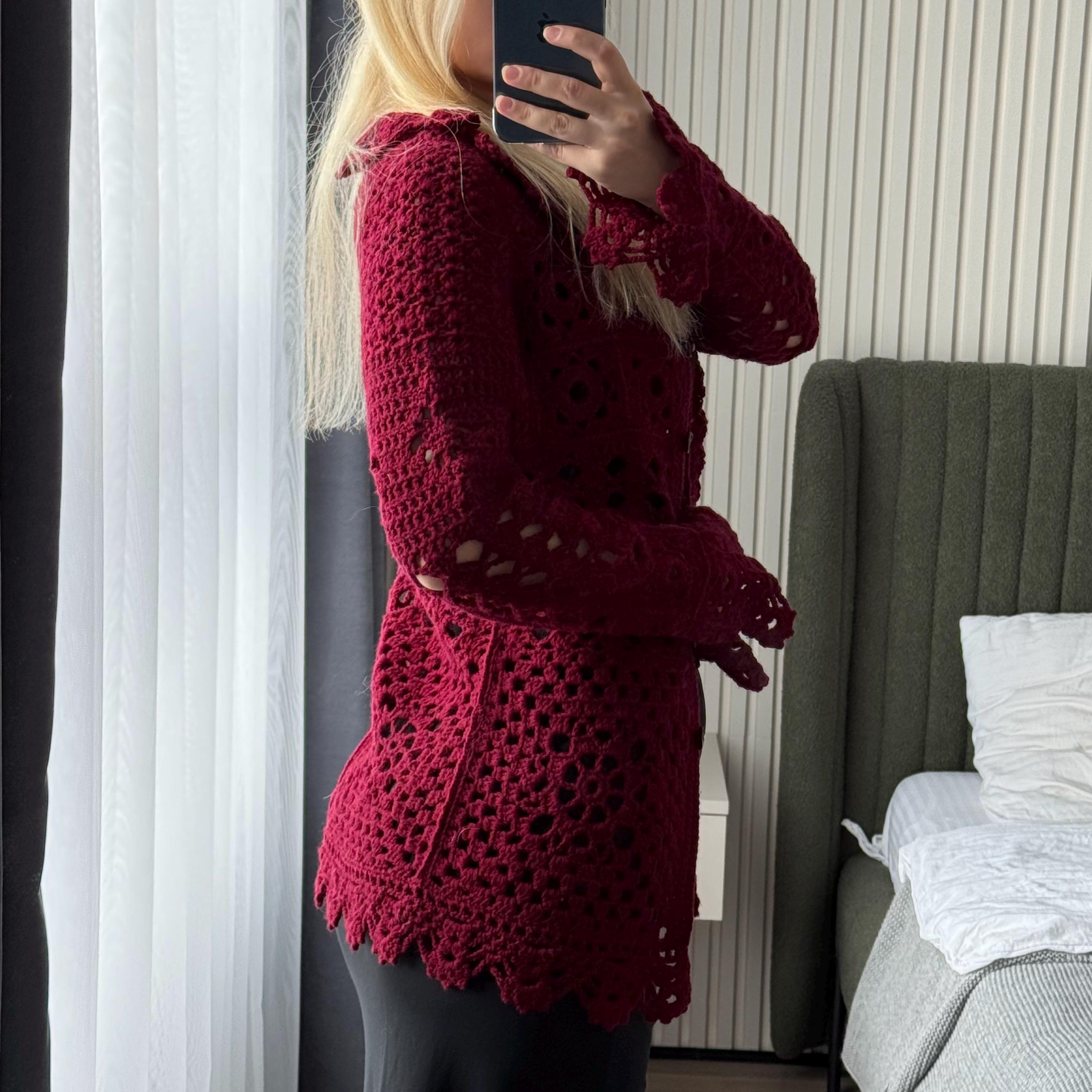 Handmade Burgundy Wine Red Crochet Cardigan • Lace Knit Open