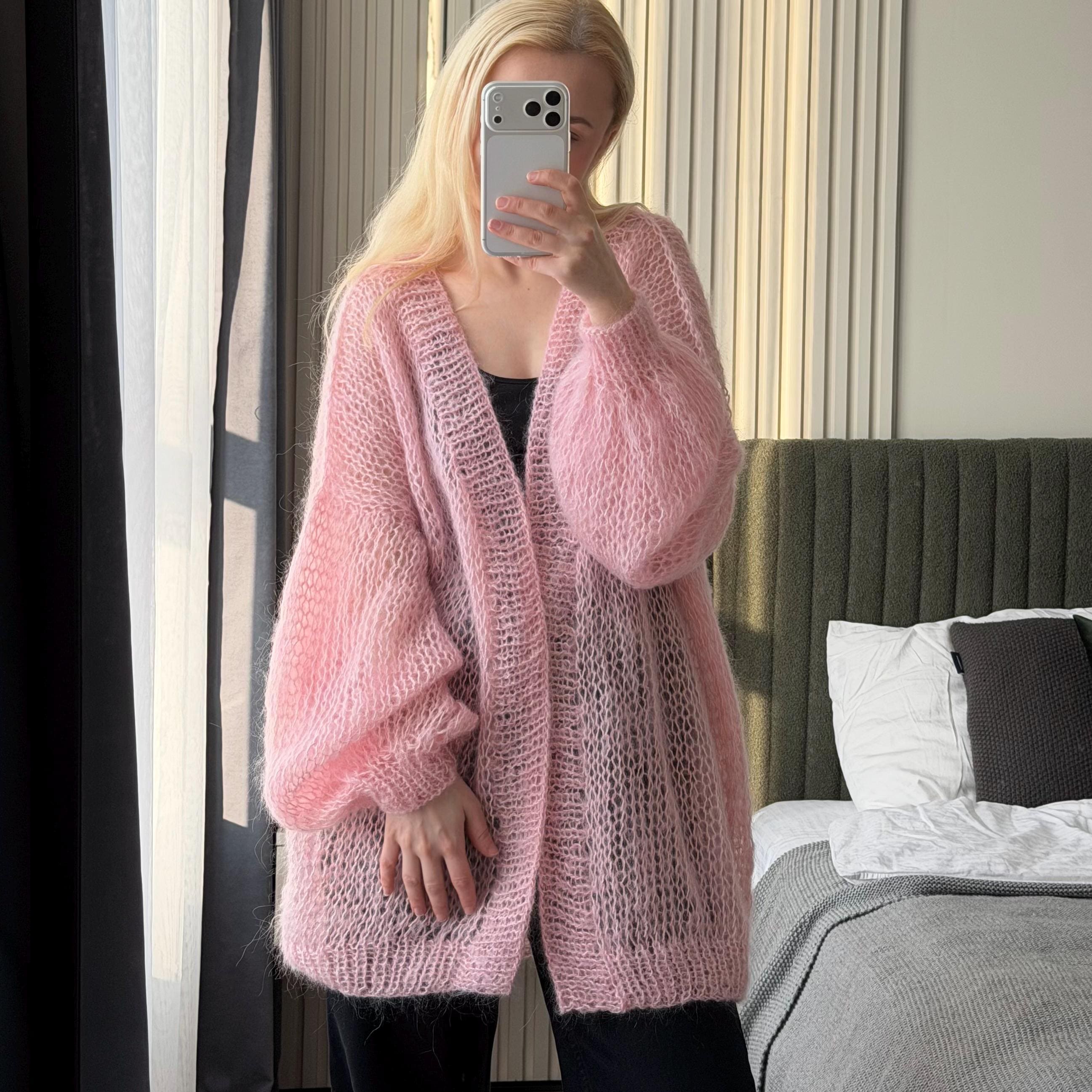Long Pink Mohair Hand Knitted Cardigan | Oversized Soft Knit