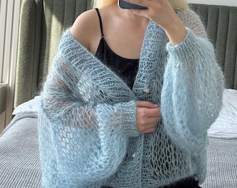 Handgemaakt oversized blauw vest van mohair – lichtgewicht wolkachtige los gebreide trui, bedekken one size xs-m