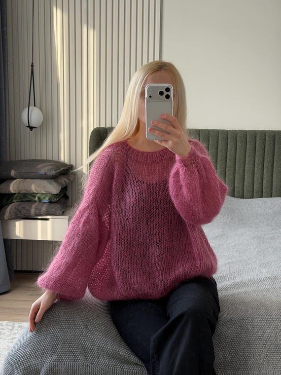 Dusty Rose Mohair Hand Knitted Sweater | Soft & Cozy Loose Knit