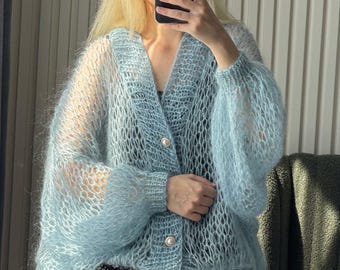 Handmade Mohair Oversize Blue Cardigan – Lightweight Cloud-like