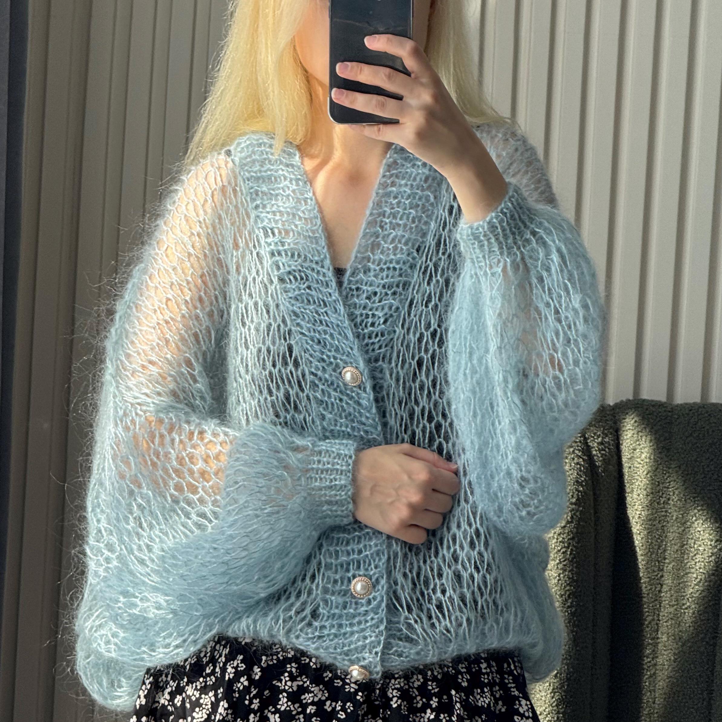 Handmade Mohair Oversize Blue Cardigan – Lightweight Cloud-like