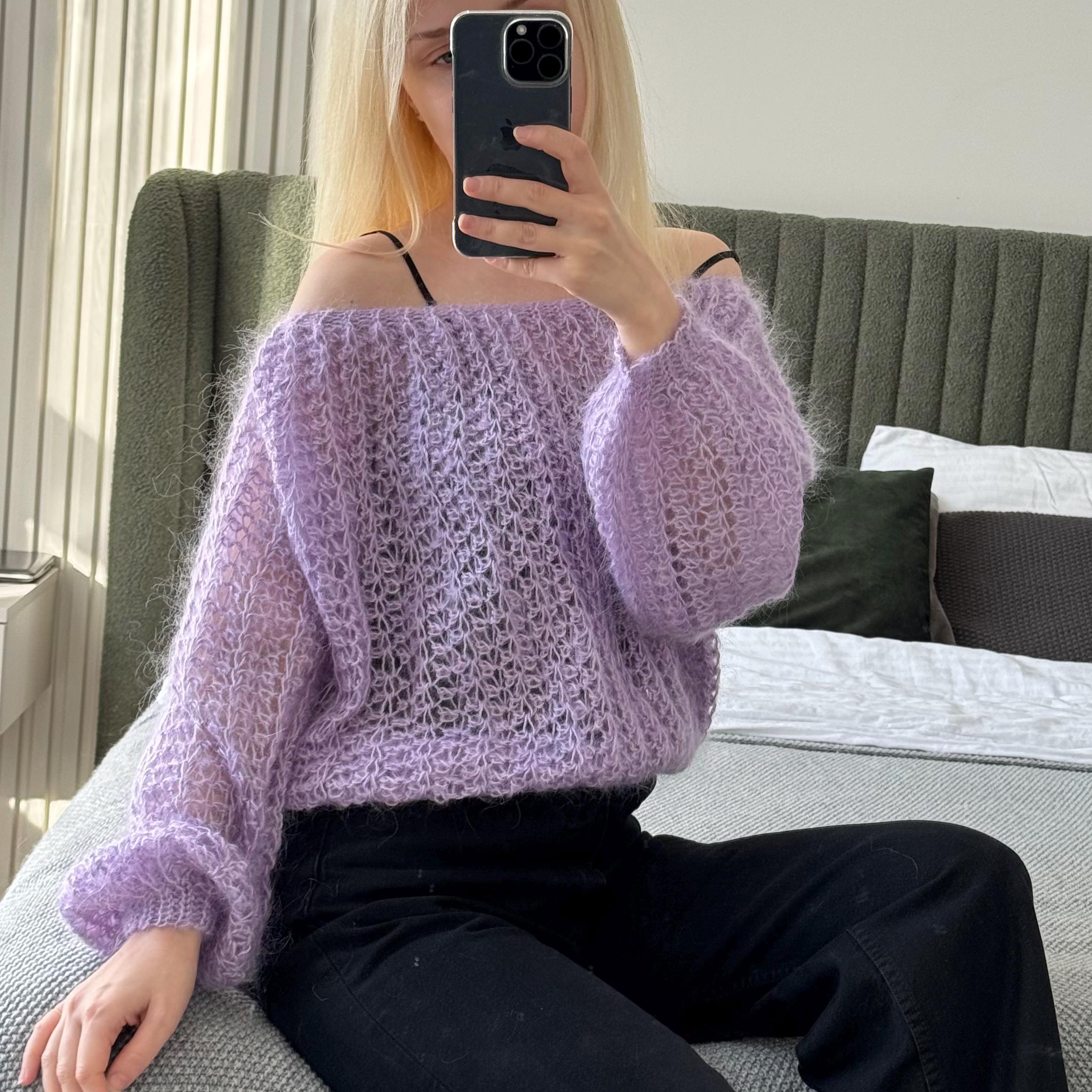 Lavender Mohair off Shoulder Sweater Hand Knit Lilac Pullover Soft