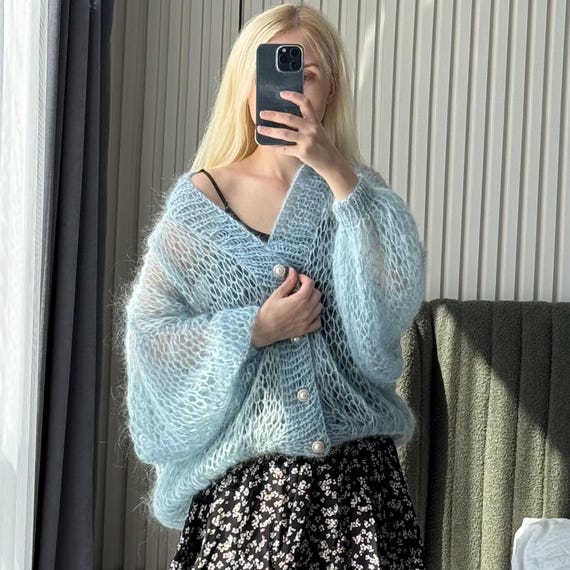 Handmade Mohair Oversize Blue Cardigan – Lightweight Cloud-like