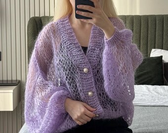 Soft Cozy Lavender Mohair Cardigan Hand Knit Loose Oversized Lilac