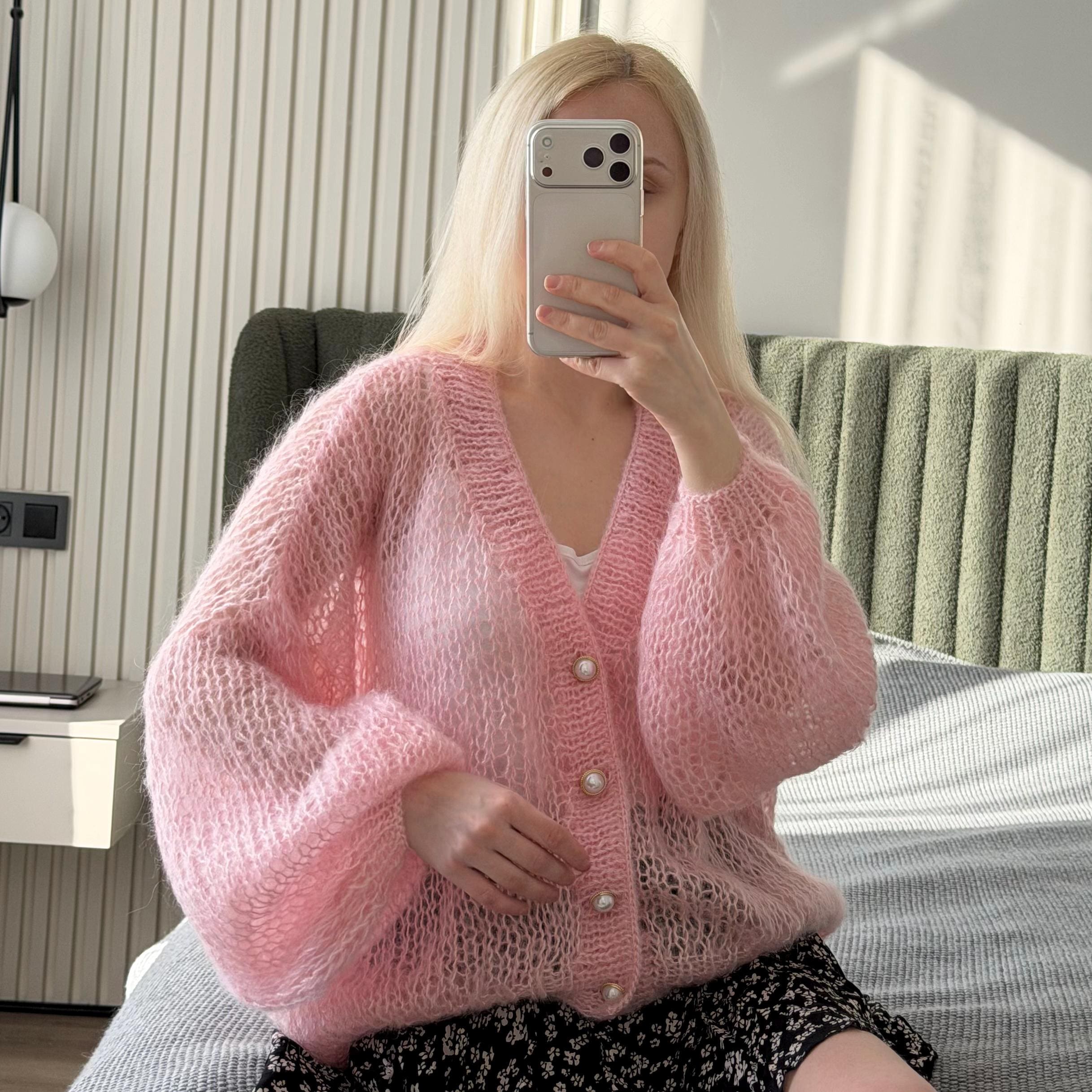 Soft Pink Mohair Cardigan Handmade Button up Loose Knit Fluffy