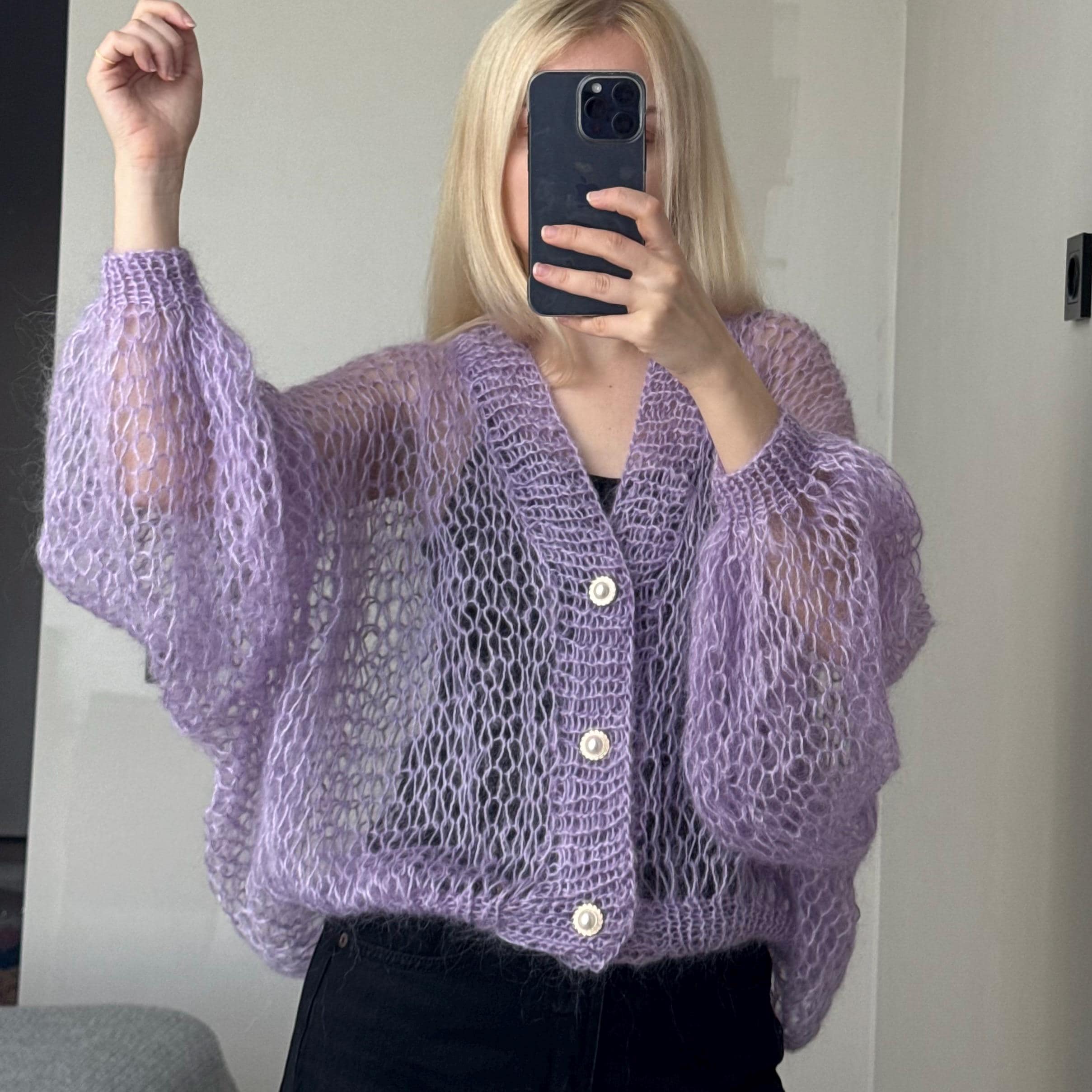 Soft Cozy Lavender Mohair Cardigan Hand Knit Loose Oversized Lilac
