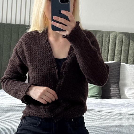 Handmade Chocolate Brown Crochet Knit Wool Cardigan – Warm Tie