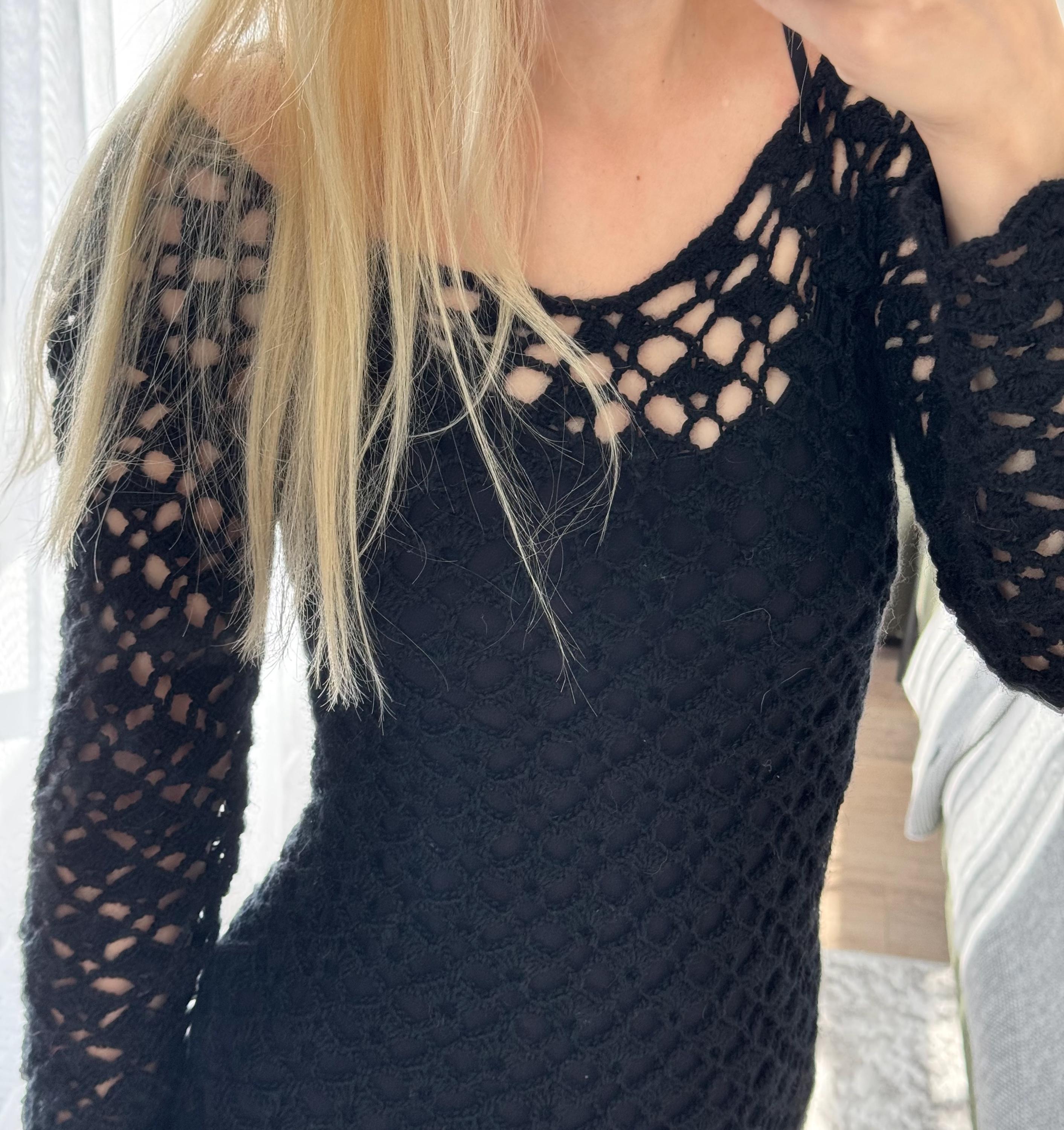 Black Crochet Lace Dress - Handmade Women's Midi Fitted Dress, Elegant Evening or Casual Outfit, Size XS-S
