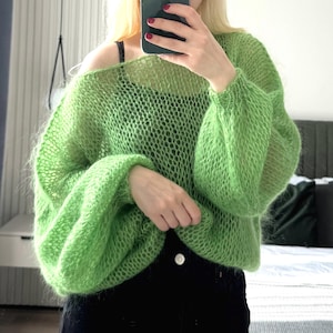 knitted handmade luxurious wool mohair green soft light oversize comfortable cosy sweater jumper gift for her mom wife loose knitting