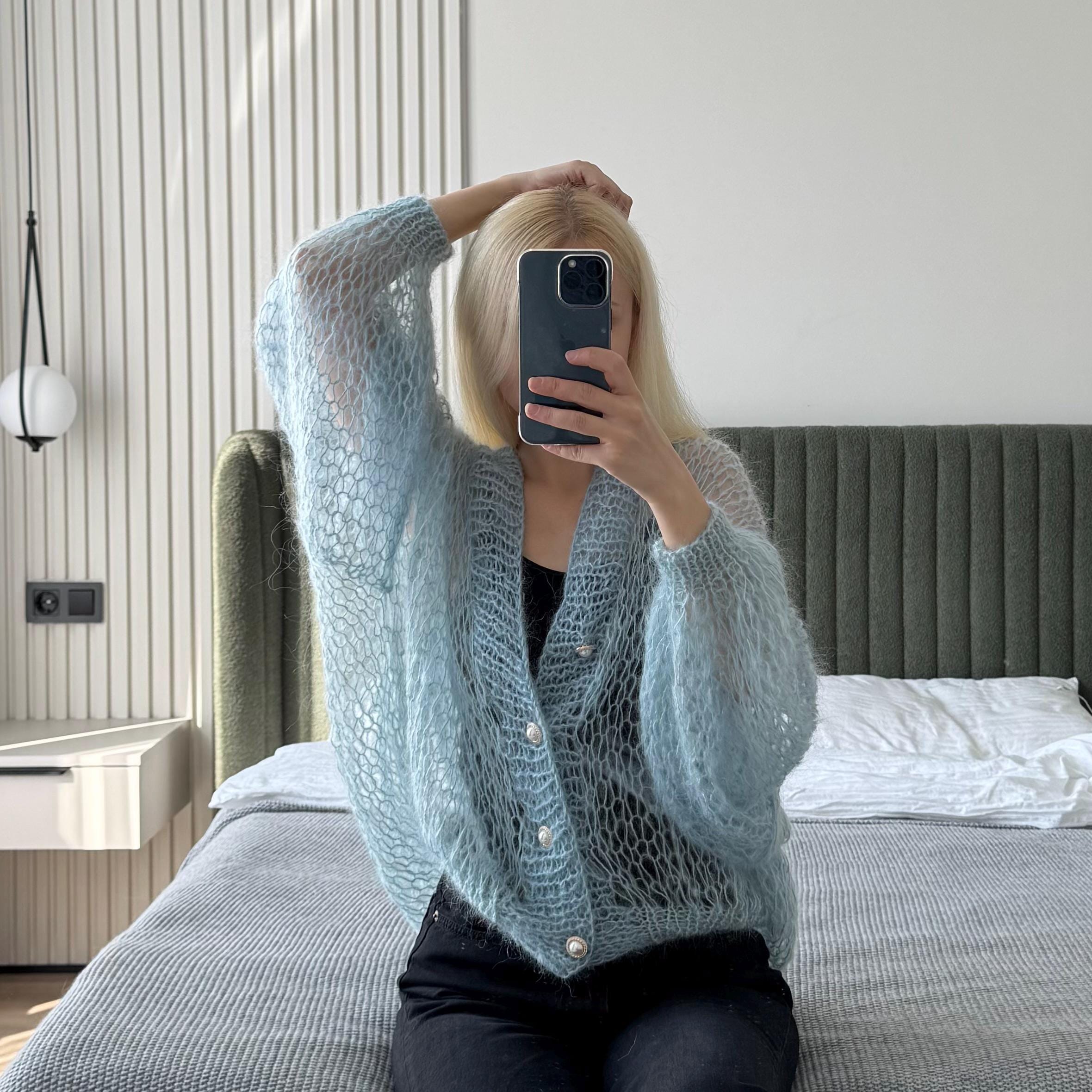 Handmade Mohair Oversize Blue Cardigan – Lightweight Cloud-like