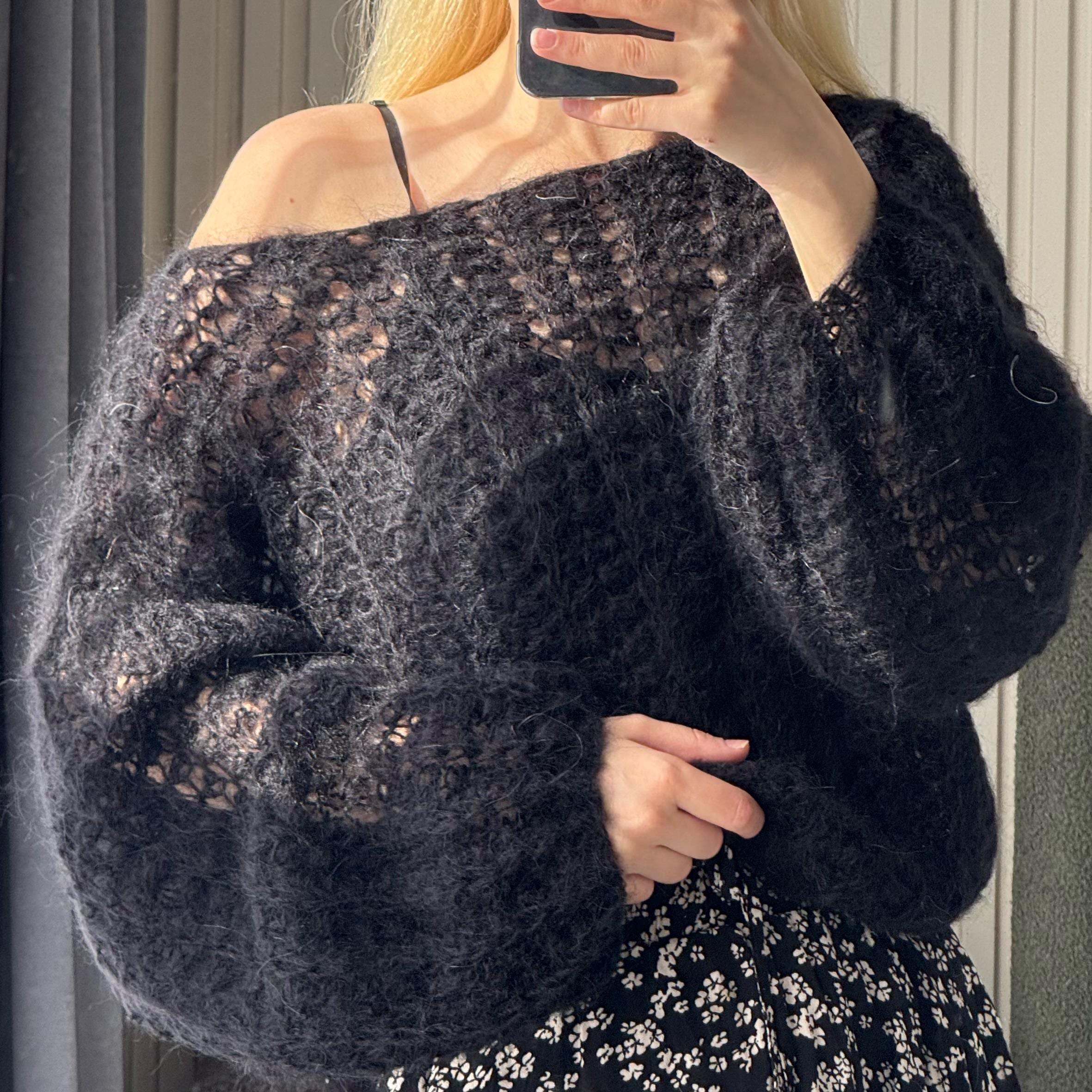 Handmade Black Mohair Crochet Sweater – Openwork Airy Knit (S-M