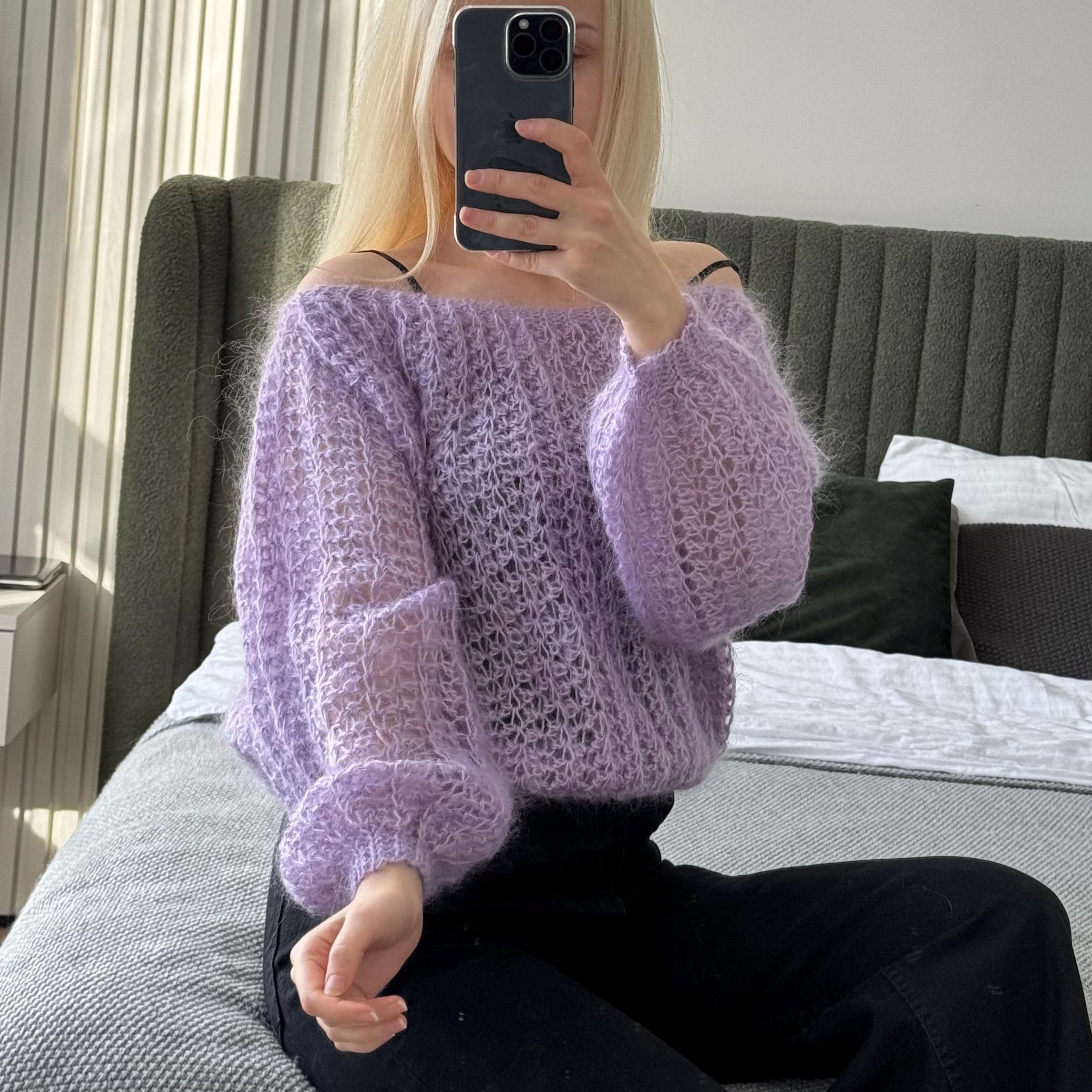 Lavender Mohair off Shoulder Sweater Hand Knit Lilac Pullover Soft