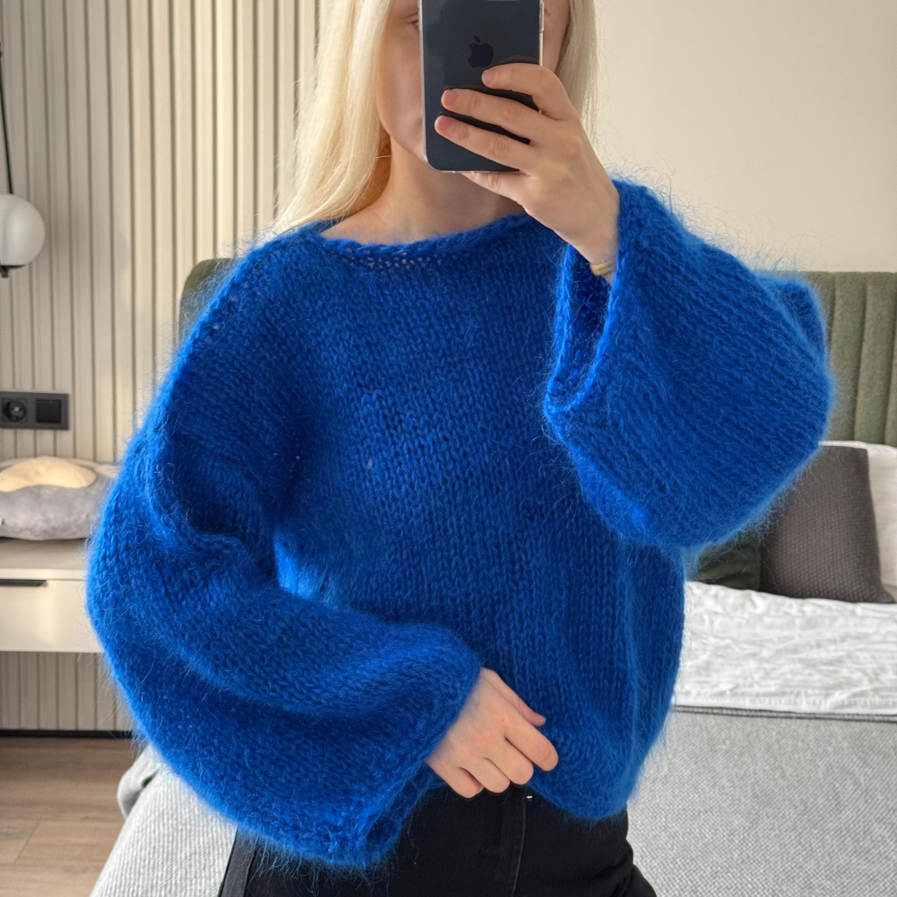 Bright Blue Mohair Sweater – Handmade Cozy Warm Knit | XS–S | Soft