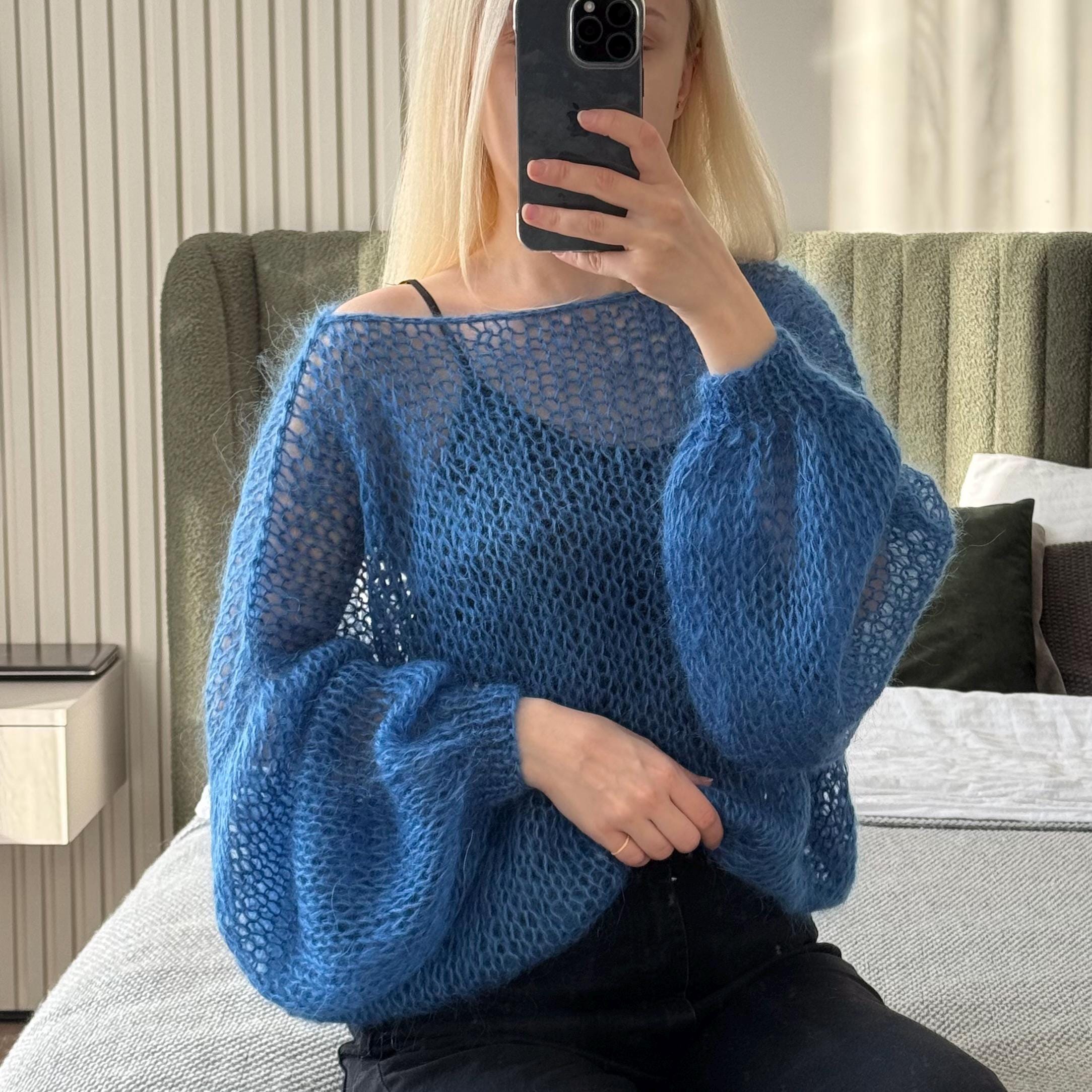 Blue Mohair Sweater Hand Knit Lightweight Pullover Airy Loose Knit