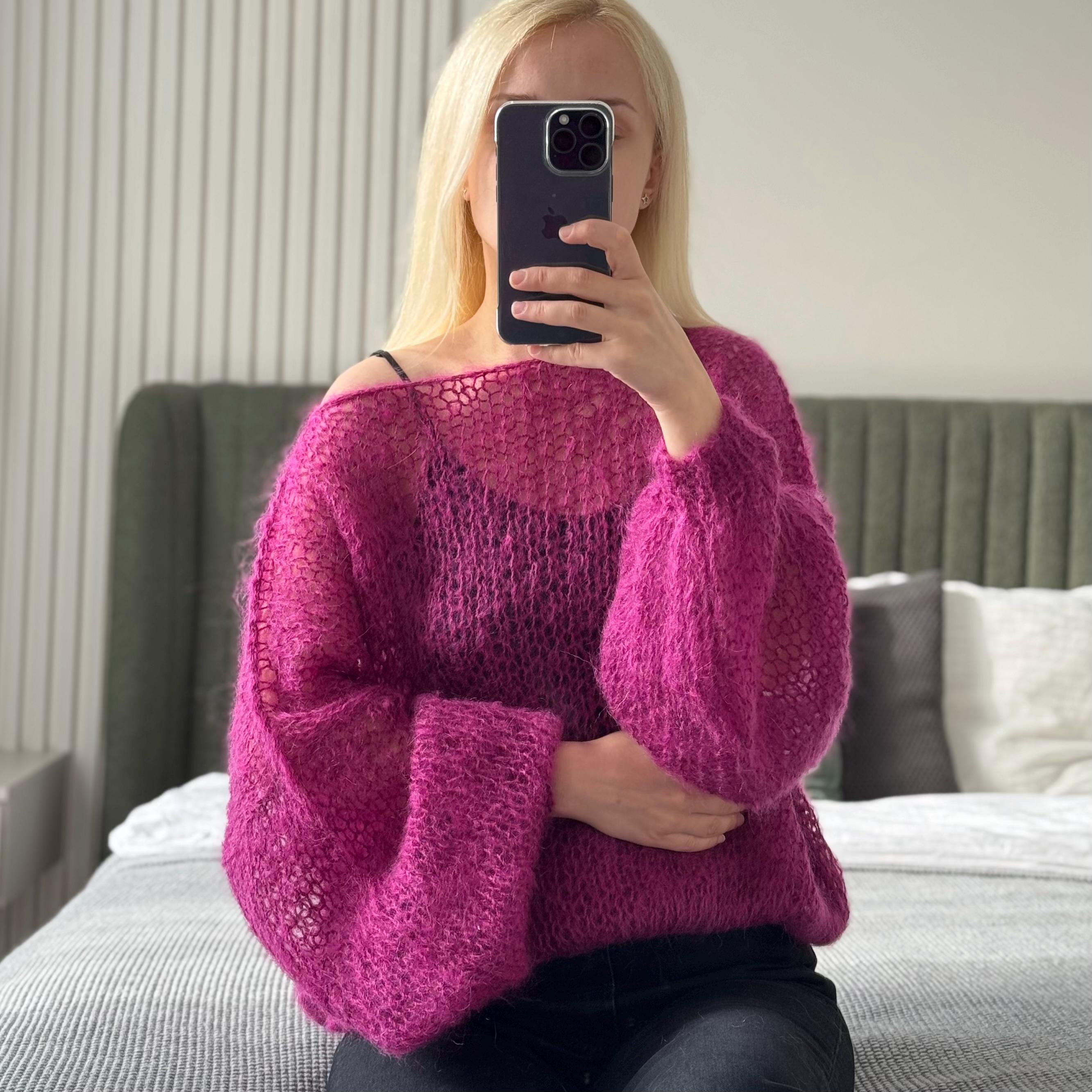 Fuchsia Mohair Oversized Sweater Hand Knitted Airy Jumper Wide