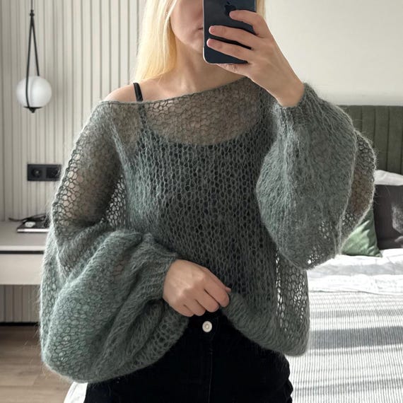 Handmade Mohair Sweater • Dusty Green Knit Pullover • Loose Knit Off-Shoulder Sweater XS-L • Cozy Fall Outfit Shug Mesh Ready to ship