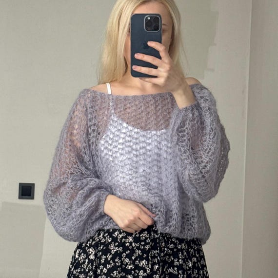 Soft Grey Kid Mohair Crochet Sweater – Lightweight, Sheer Layering