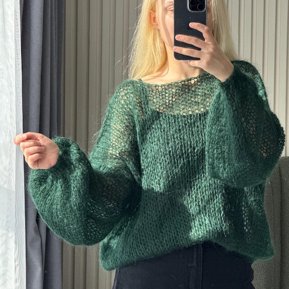 Dark Green Mohair Chunky Knit Oversize Sweater – Lightweight Off