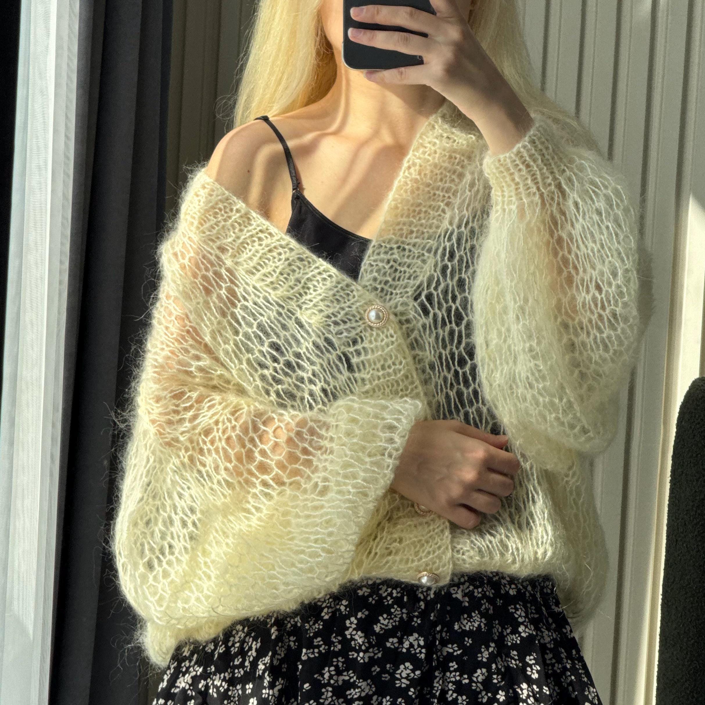 Handmade Mohair Oversize Ivory Cream Knit Cardigan – Lightweight