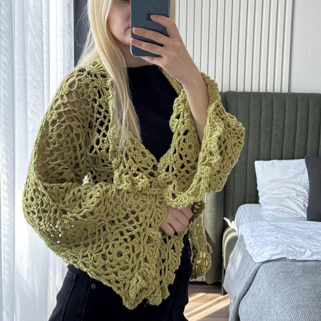 Handmade Lime Green Crochet Lace Cardigan • Open Front Sweater