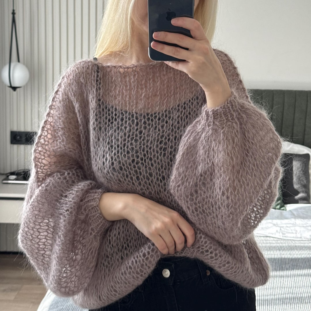 Knitted Handmade Luxurious Wool Mohair Taupe Beige Soft Light