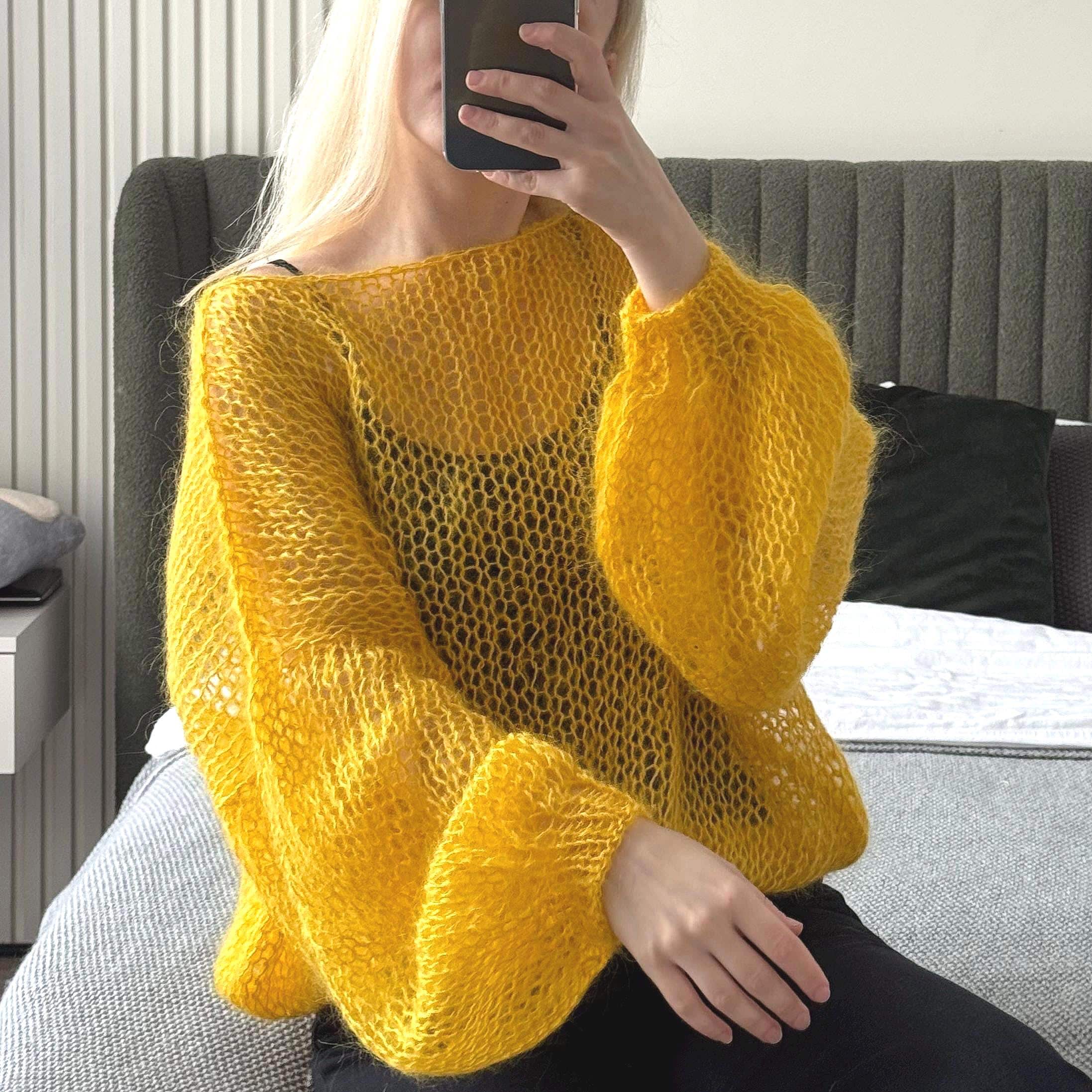Hand-knitted Mohair Sweater Bright Yellow Golden Color Oversized