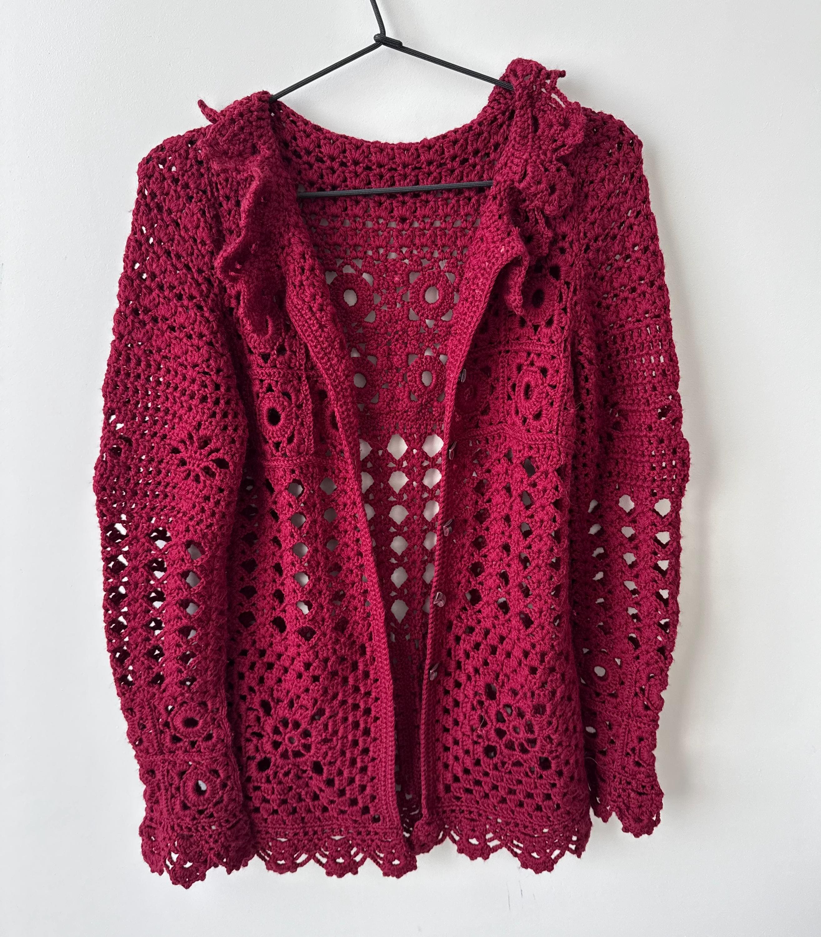 Handmade Burgundy Wine Red Crochet Cardigan • Lace Knit Open