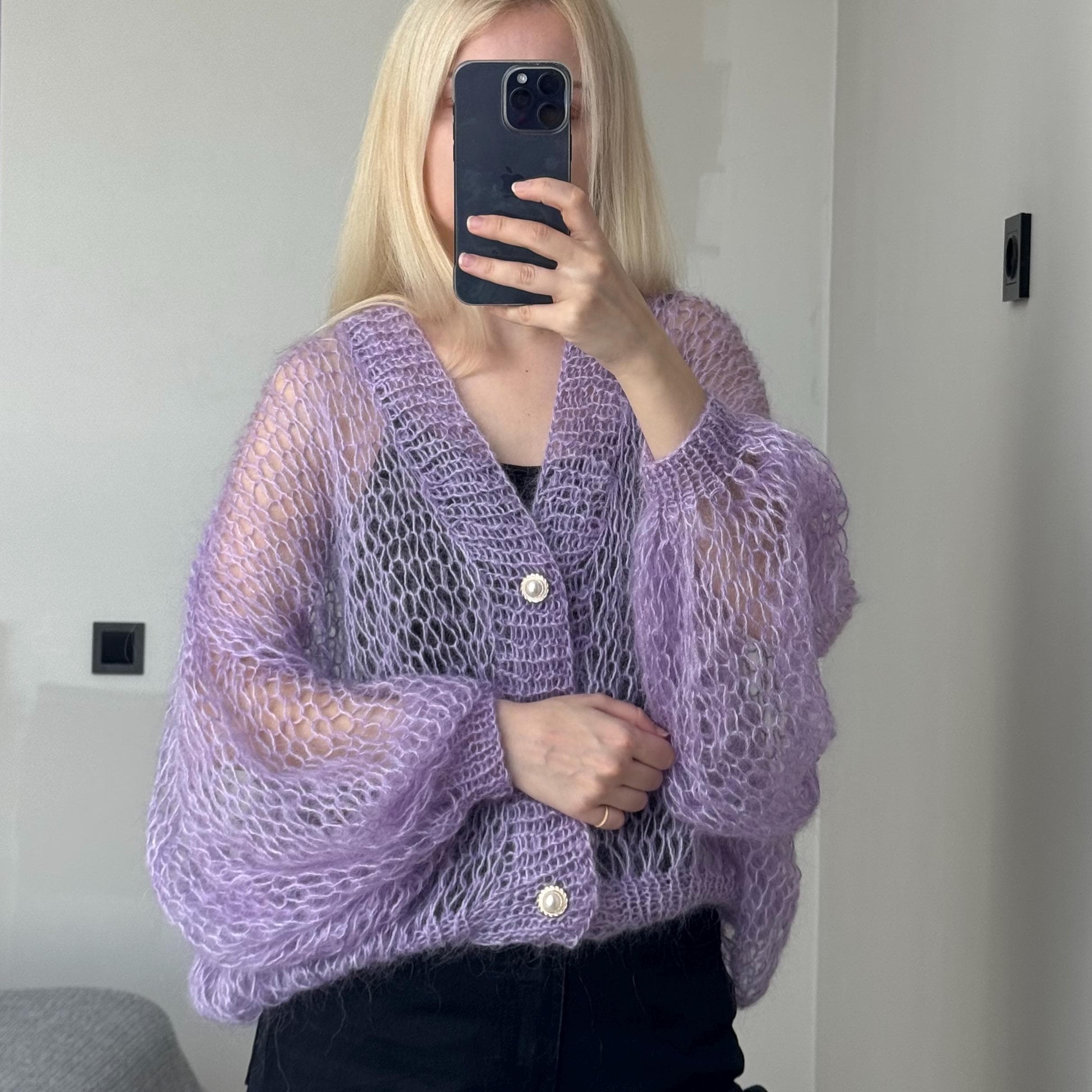 Soft Cozy Lavender Mohair Cardigan Hand Knit Loose Oversized Lilac