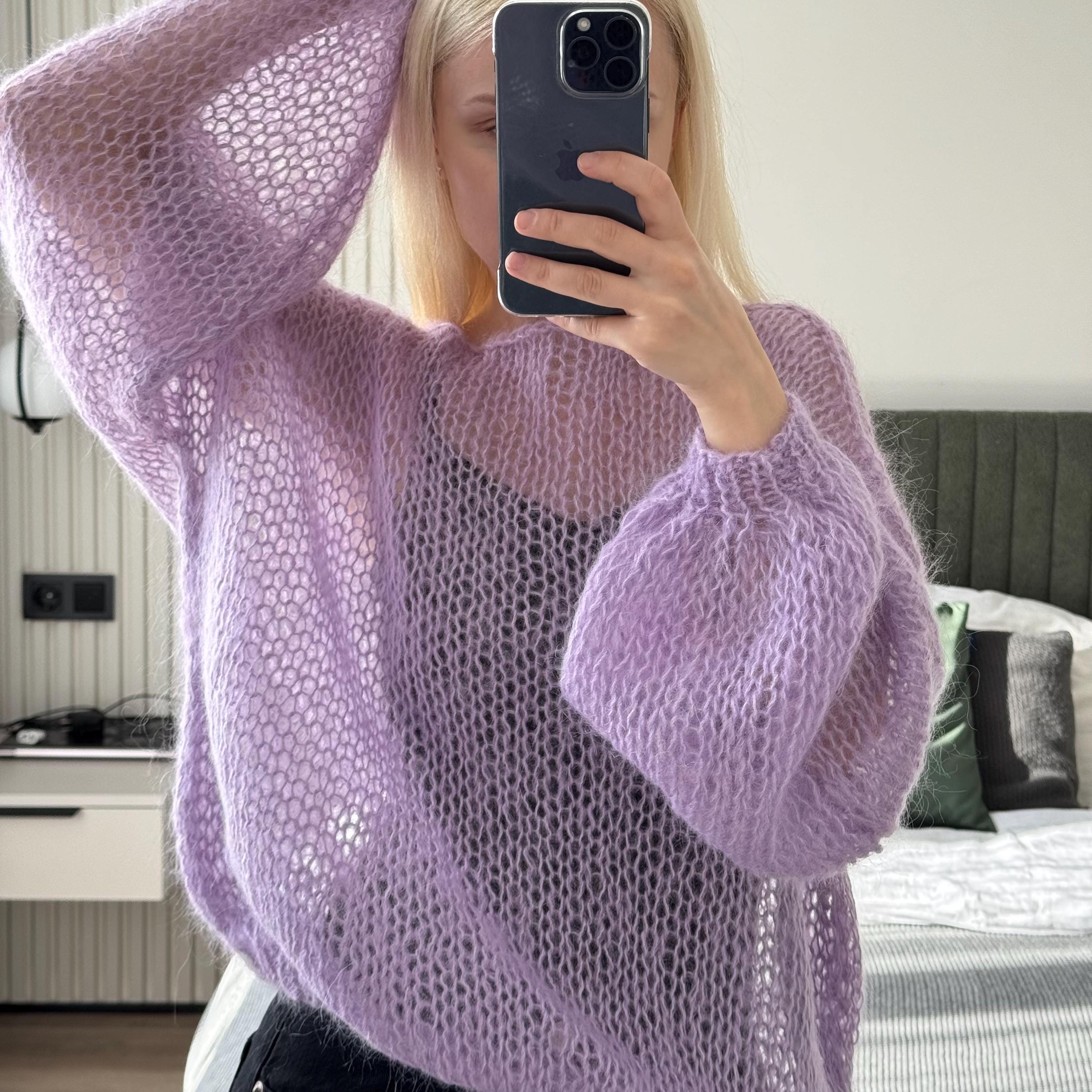 Handmade Lavender Mohair Sweater • Loose Knit off Shoulder
