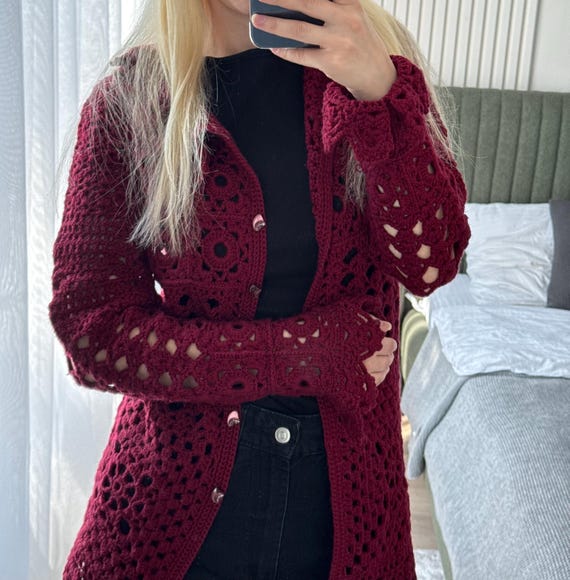 Handmade Burgundy Wine Red Crochet Cardigan • Lace Knit Open