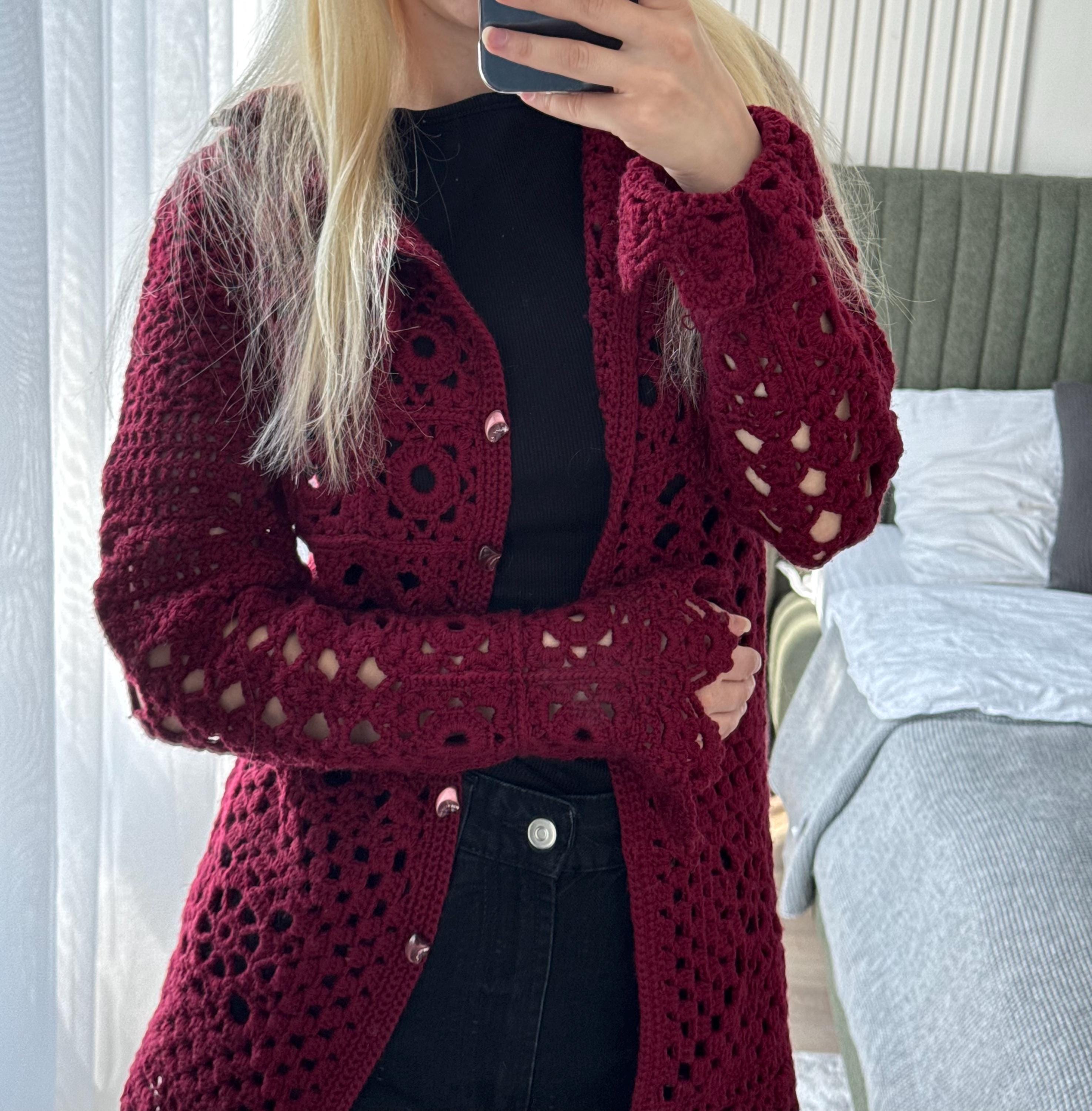Handmade Burgundy Wine Red Crochet Cardigan • Lace Knit Open