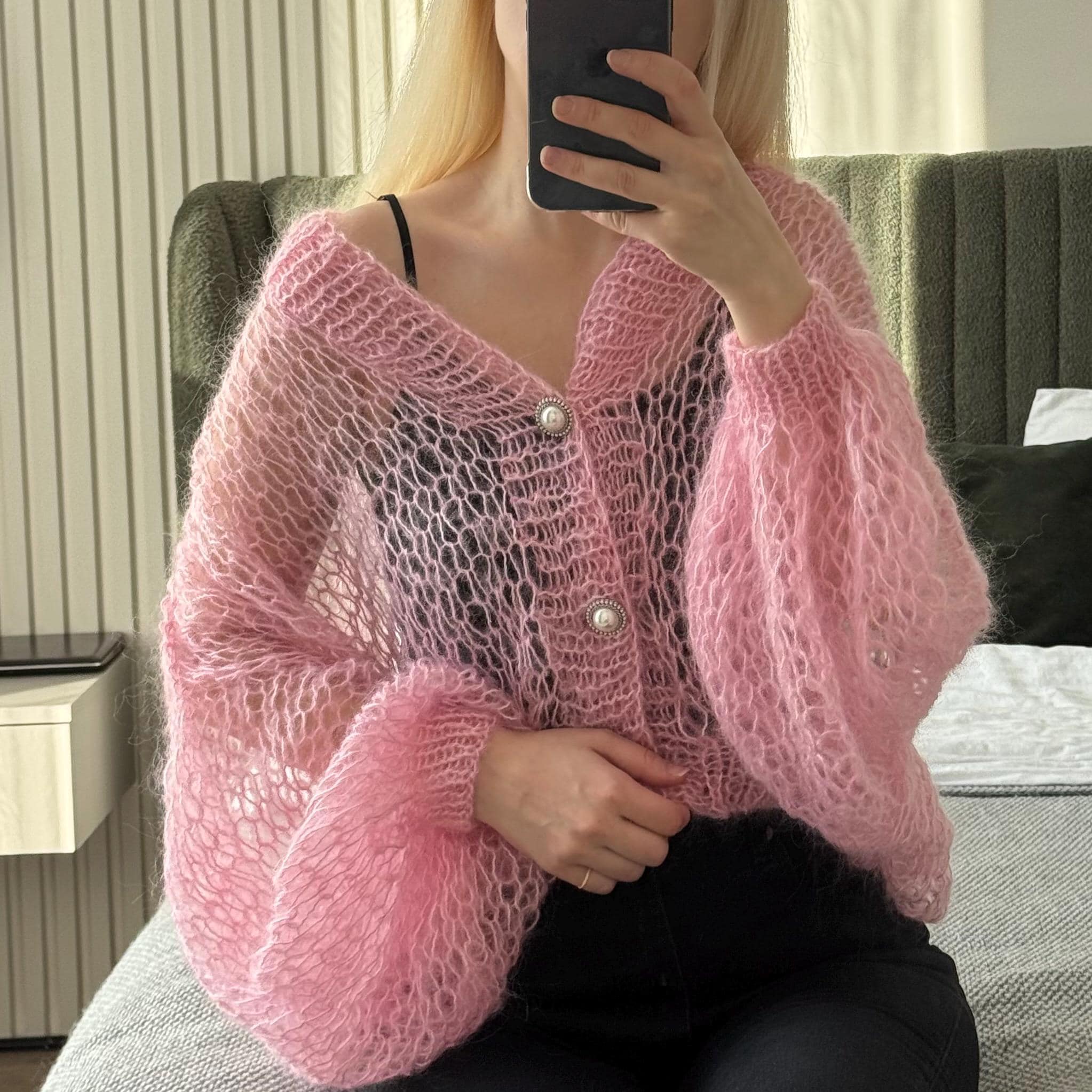 Pink Mohair Cardigan With Buttons • Hand Knit Loose Knit Cardigan