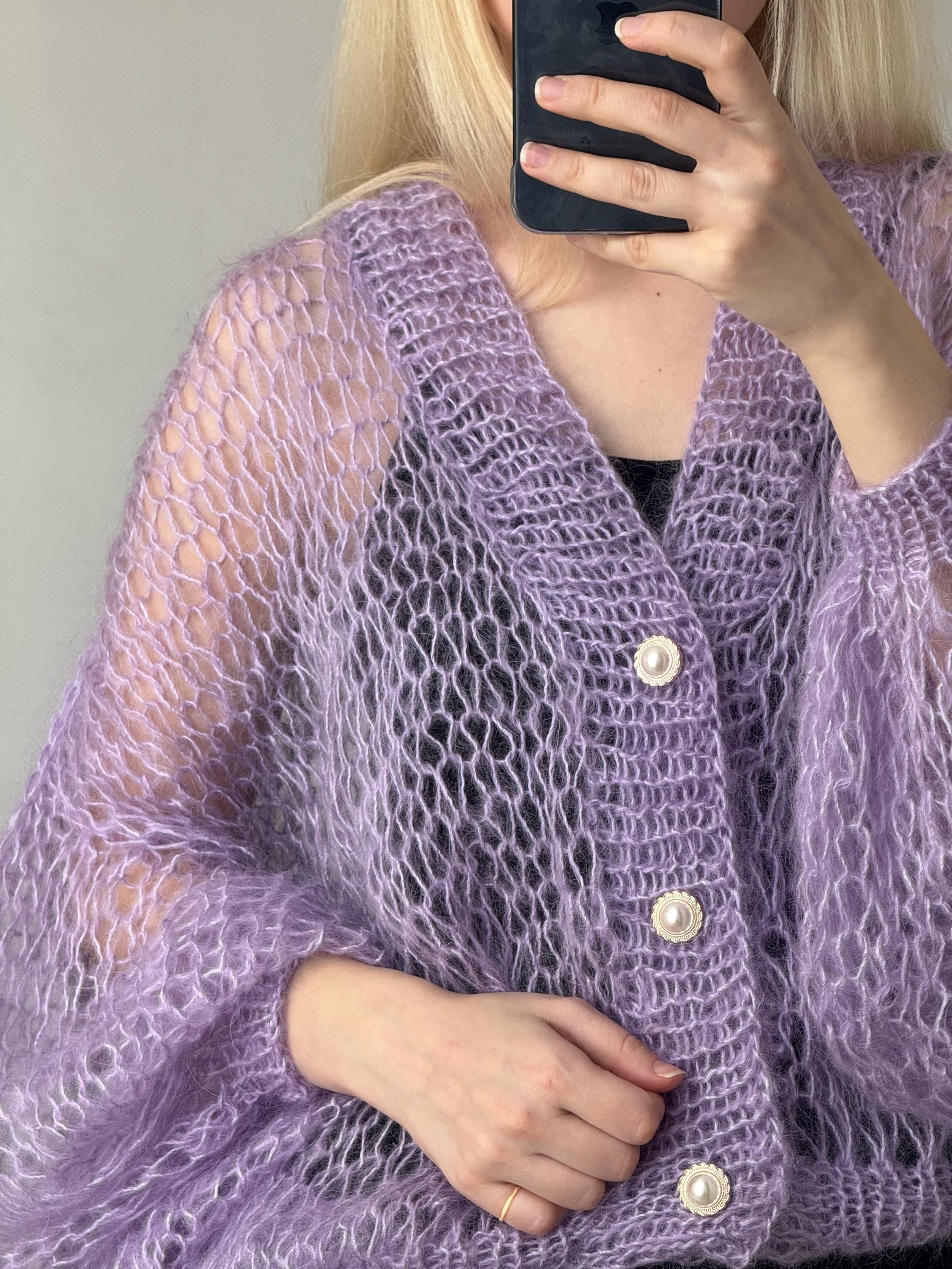Soft Cozy Lavender Mohair Cardigan Hand Knit Loose Oversized Lilac