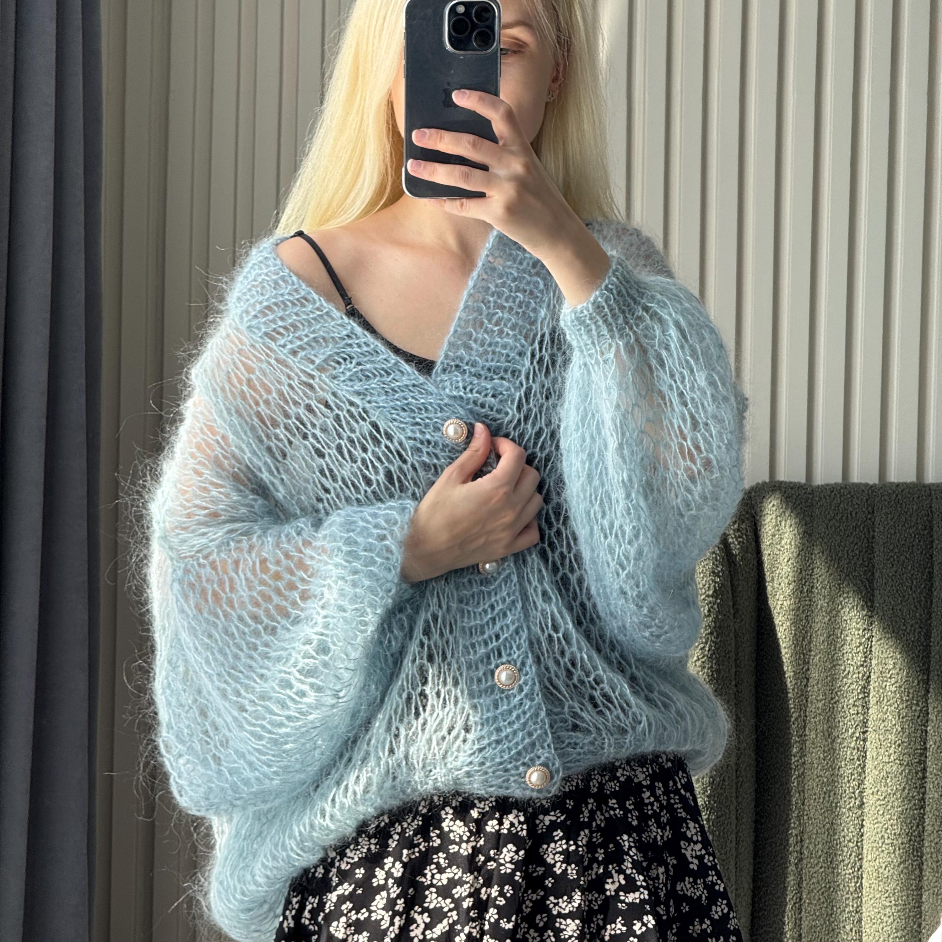 Handmade Mohair Oversize Blue Cardigan – Lightweight Cloud-like